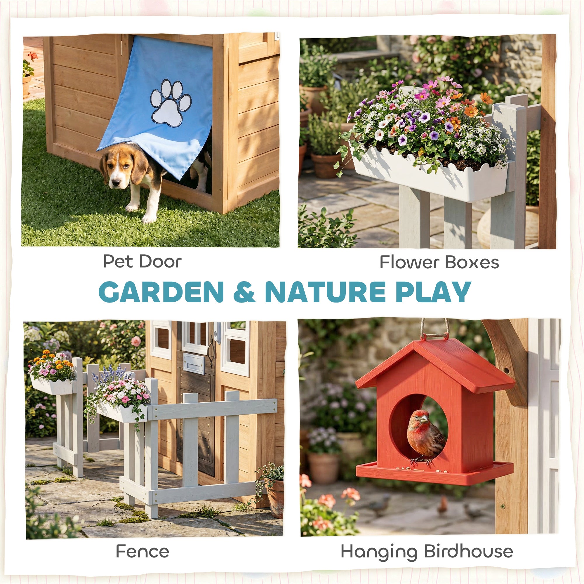 Wooden Kids Playhouse with Pet Door, Play Kitchen, Mailbox, Doorbell, Birdhouse, Fence and Windows for Pretend Play