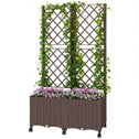 Planter Box with Trellis, Self Watering Raised Garden Bed with Lockable Wheels and Drainage Holes, Brown