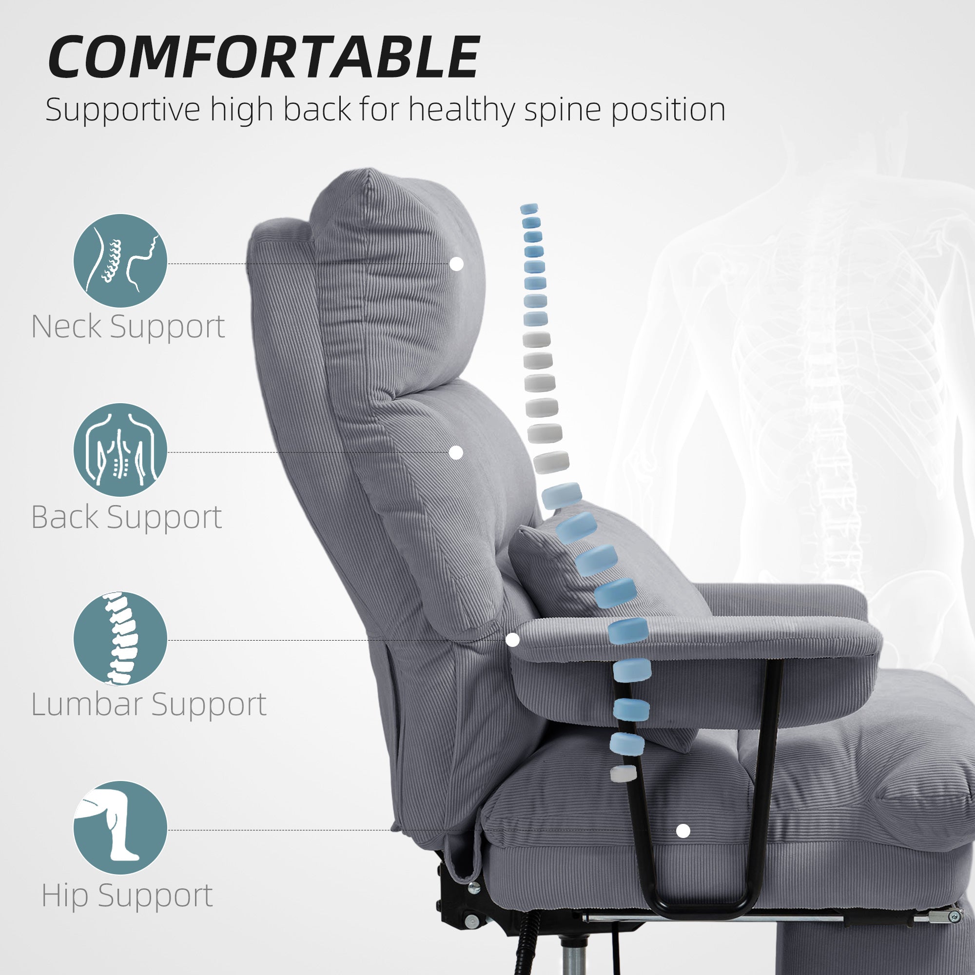 Executive Office Chair with Lumbar Support, Footrest, High Back Reclining Overstuffed Desk Chair with, Gray