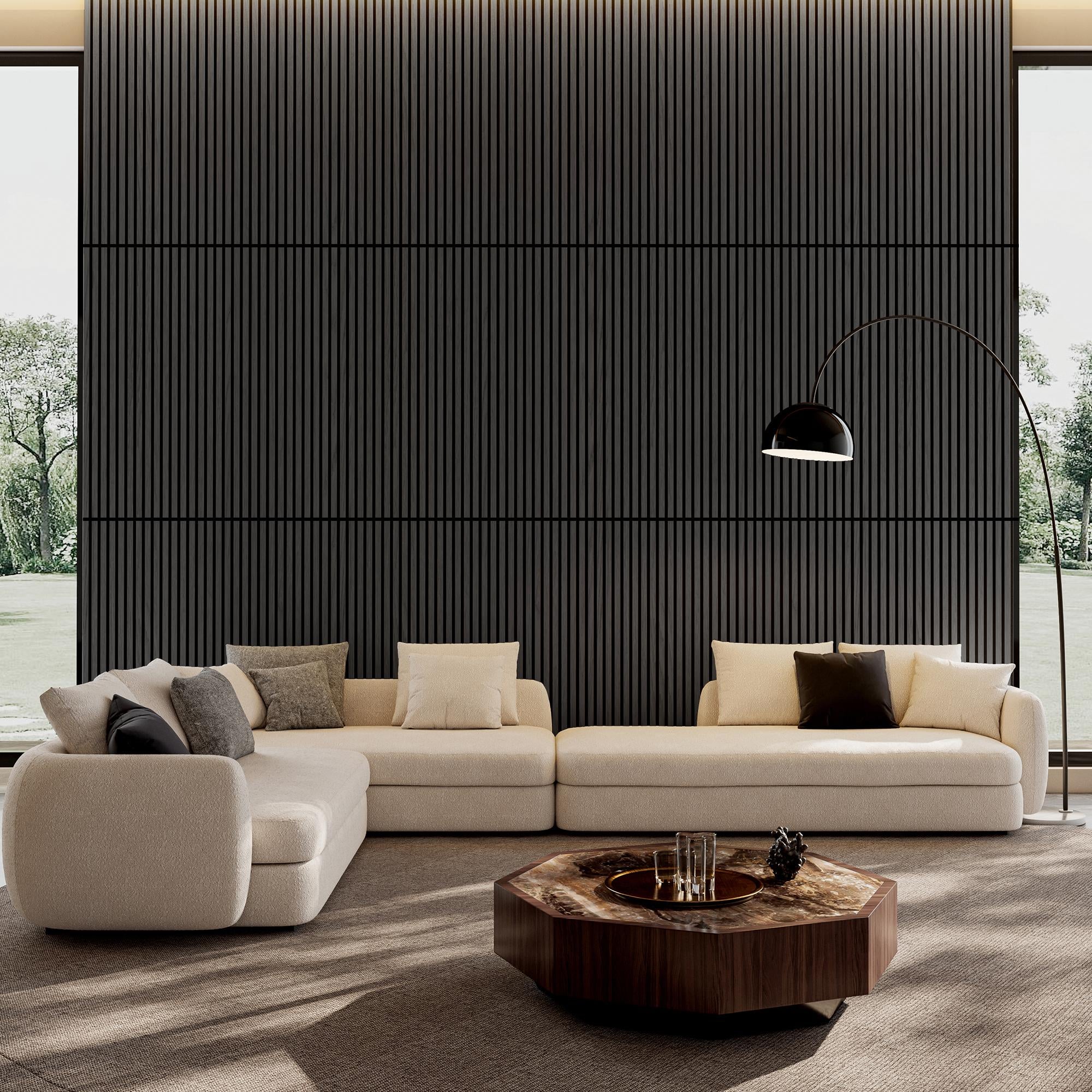 2-Pack 3D Wood Slat Acoustic Wall Panels with Three-Side Wrapped Edges, Fluted Cladding for Wall or Ceiling, 45.5" L x 23.5" W x 1" H, Gray