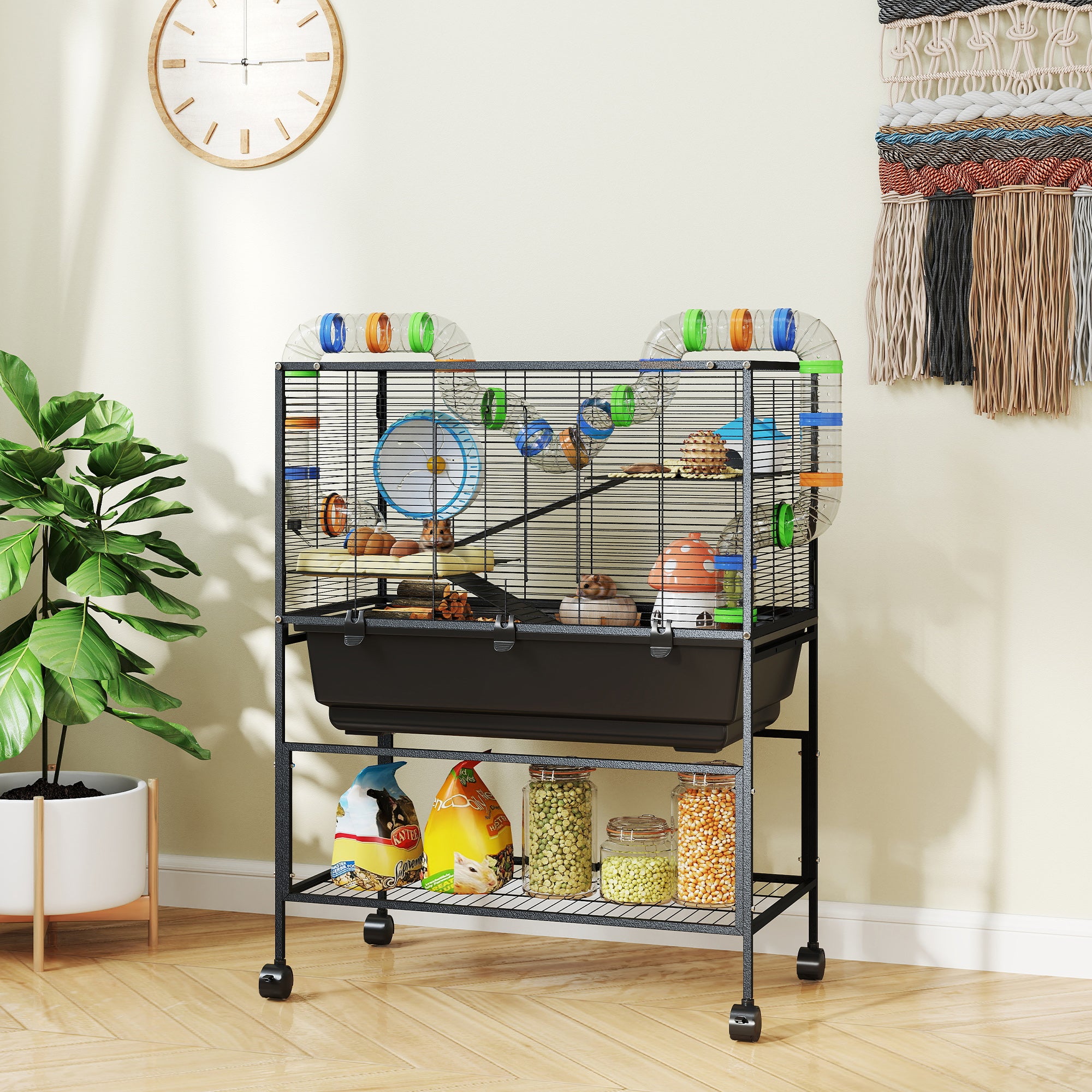 3 Tier Hamster Cage, Rolling Rat Cage with Deep Tray, Storage Shelf, Big Exercise Wheel, Hut, Tube System