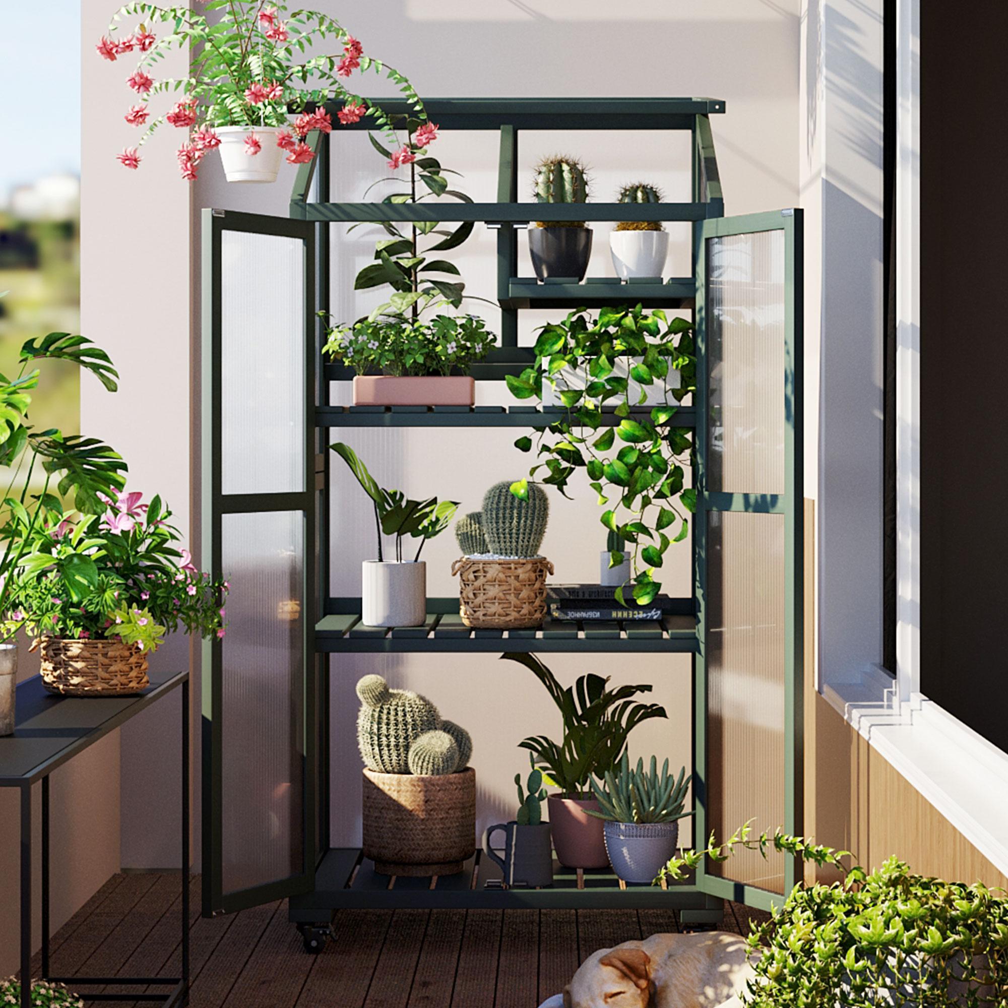 Portable Wood Greenhouse with Wheels & 3-Tier Shelf, Solid Wood Frame with Openable Roof for Balcony, 31.5'' L x 22.5'' W x 62'' H, Green