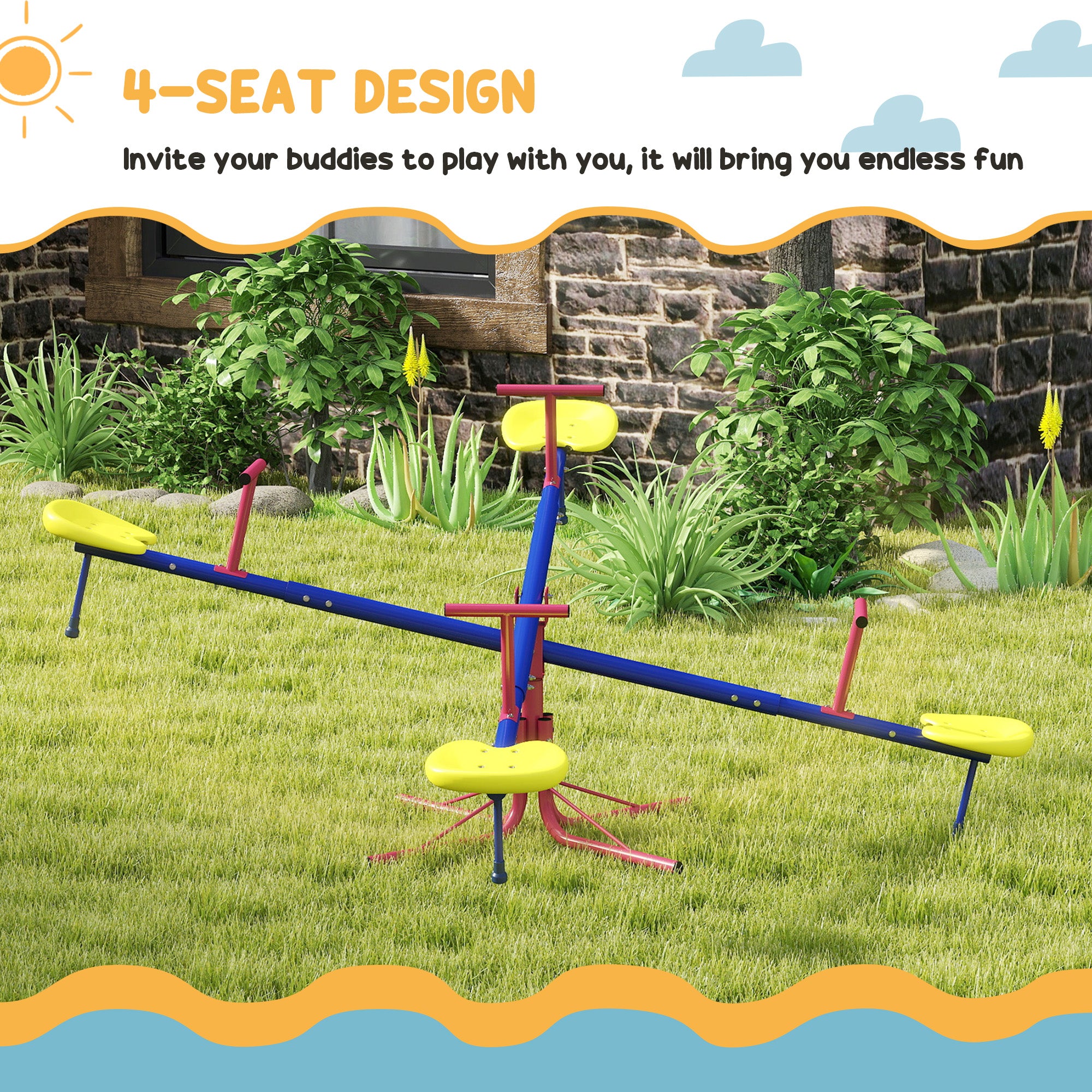 Kids Seesaw Swivel Teeter Totter with 360° Spinning, 4 Seater Seesaw Outdoor Playground Equipment for Backyard, Boys and Girls Aged 3-8 Years Old