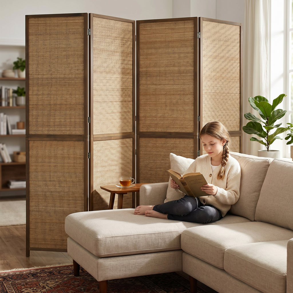 Room Divider, 4 Panel Folding Privacy Screen, 6 FT Tall Hand-Woven Bamboo Wall Partition, Brown