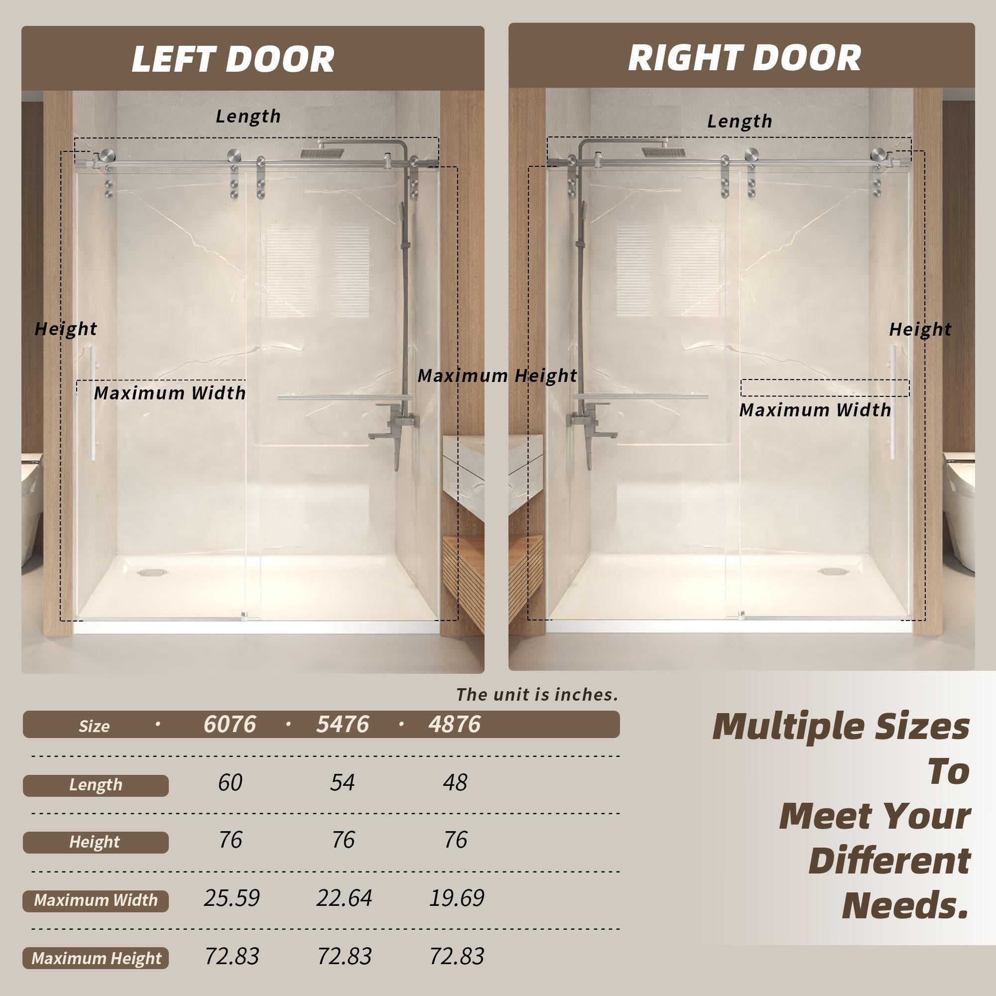 Sliding Shower Door with Waterproof Seals and Tempered Glass, Bathroom Door with Towel Bar Handle, 54" L x 0.5" W x 76" H, Brushed Nickel