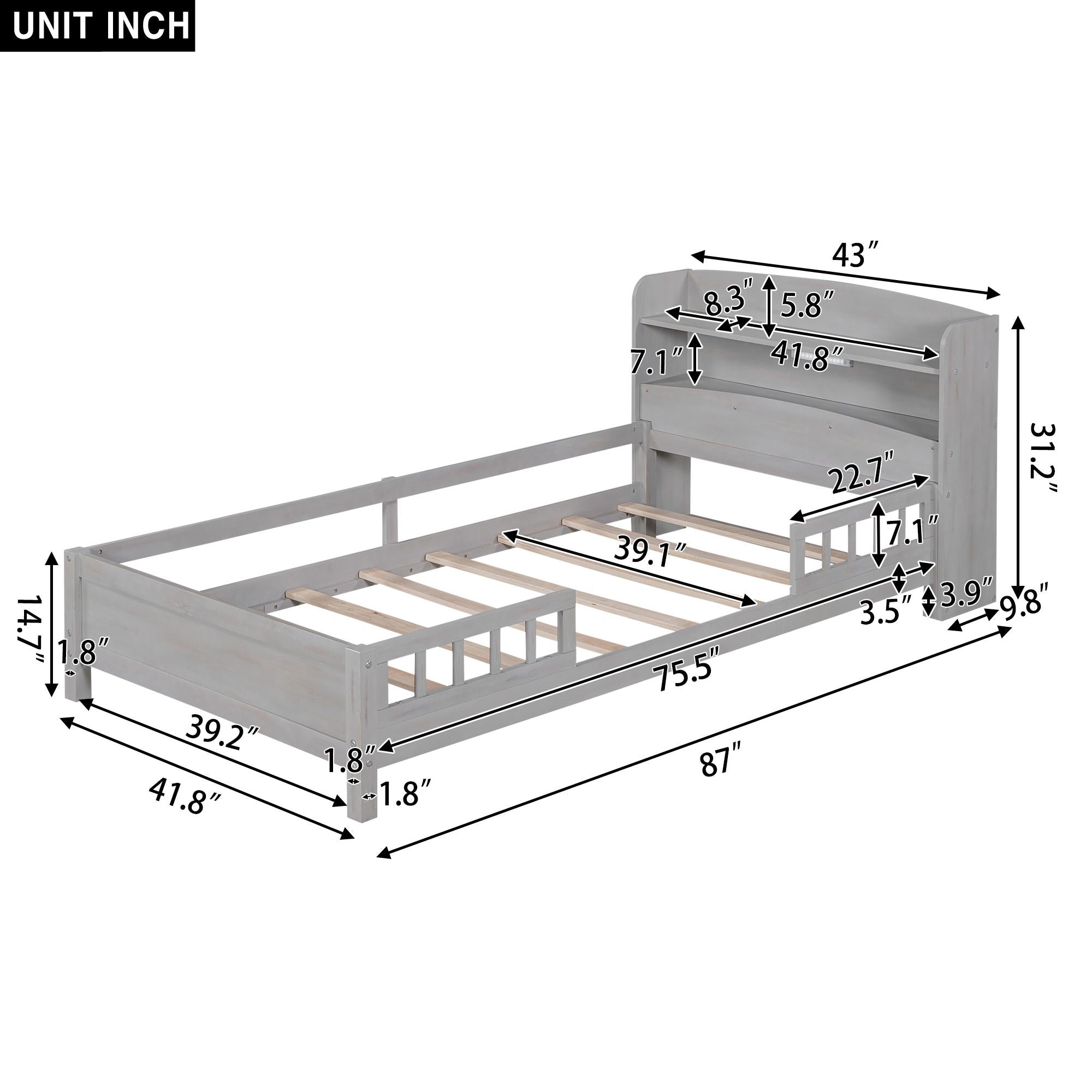 Wood Twin Size Platform Bed with Built-in LED Light, Storage Headboard, Guardrail, and Sturdy Construction, 87" L x 43" W x 31" H, Antique Gray