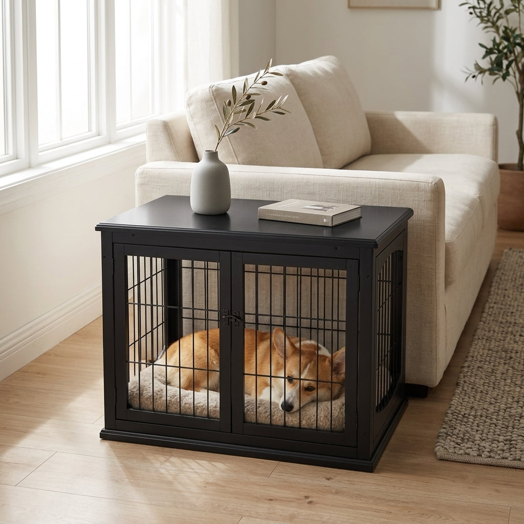 Dog Crate Furniture, 32" Small Dog Cage End Table with 2 Doors, Lockable Door, Puppy Kennel Indoor, Black