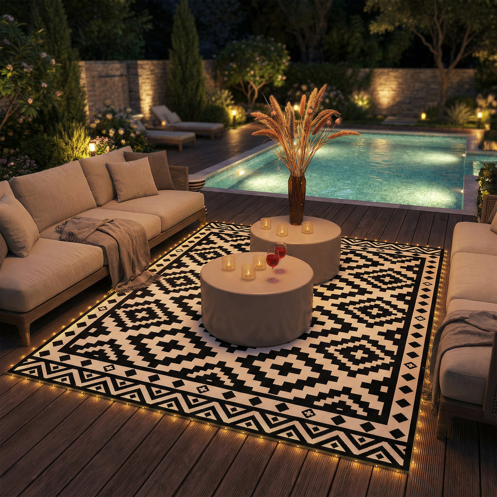 Outdoor Rug Carpet Reversible Plastic Straw Rug with LED Lights Black and White 10' x 8' for Patio