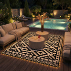Outdoor Rug Carpet Reversible Plastic Straw Rug with LED Lights Black and White 10' x 8' for Patio
