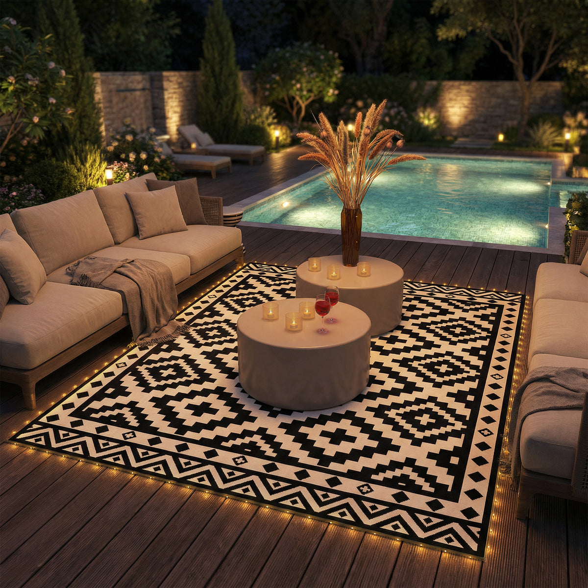 Outdoor Rug Carpet Reversible Plastic Straw Rug with LED Lights Black and White 10' x 8' for Patio