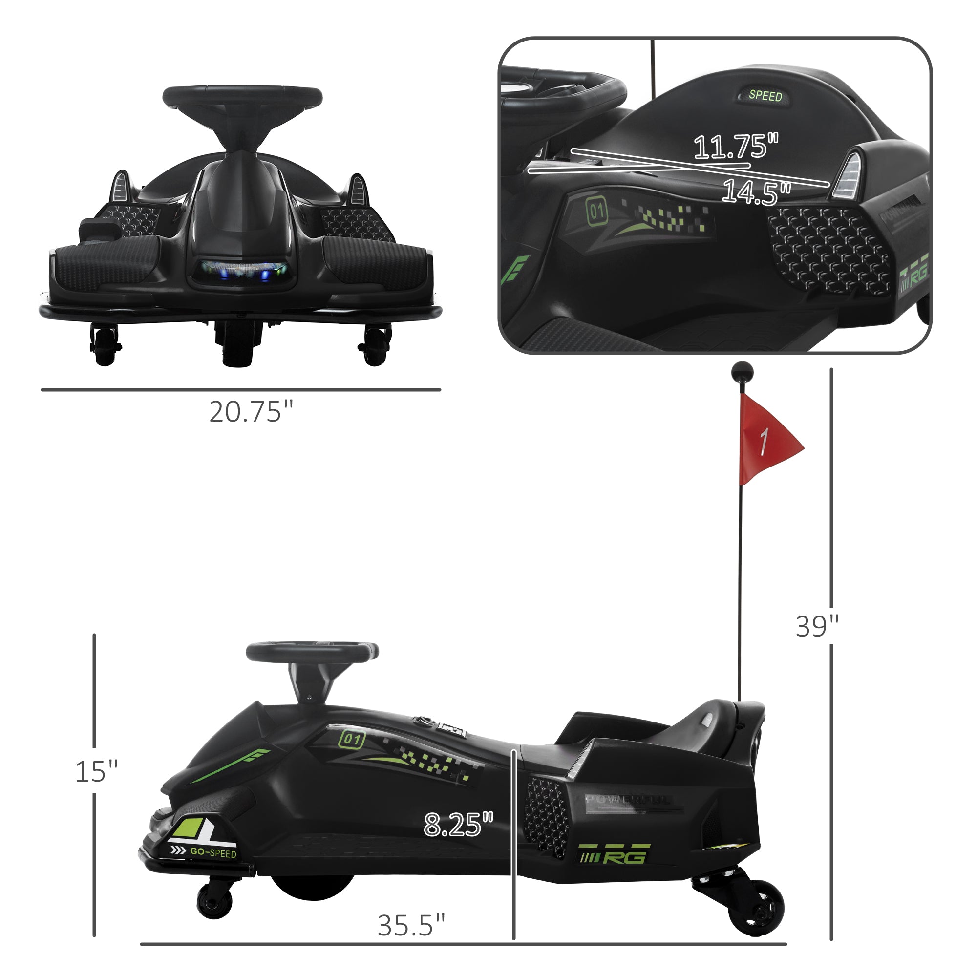 12V Electric Drifting Go Kart w/ Slow Start, Music, Lights, Black