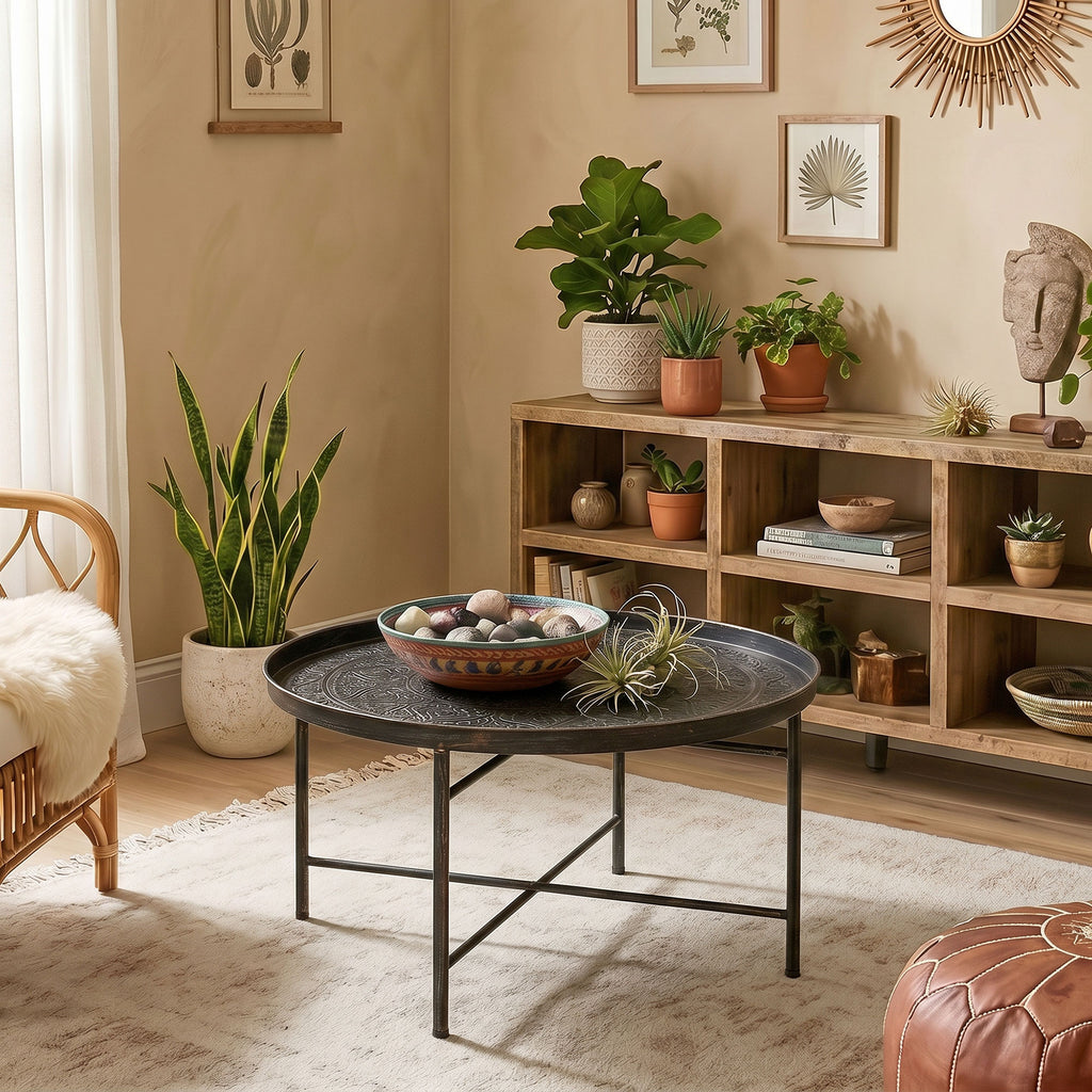 Coffee Table for Living Room, 24" Round Center Table with Hammered Tray Top and Metal Frame for Bedroom, Pewter