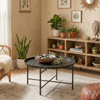 Coffee Table for Living Room, 24" Round Center Table with Hammered Tray Top and Metal Frame for Bedroom, Pewter