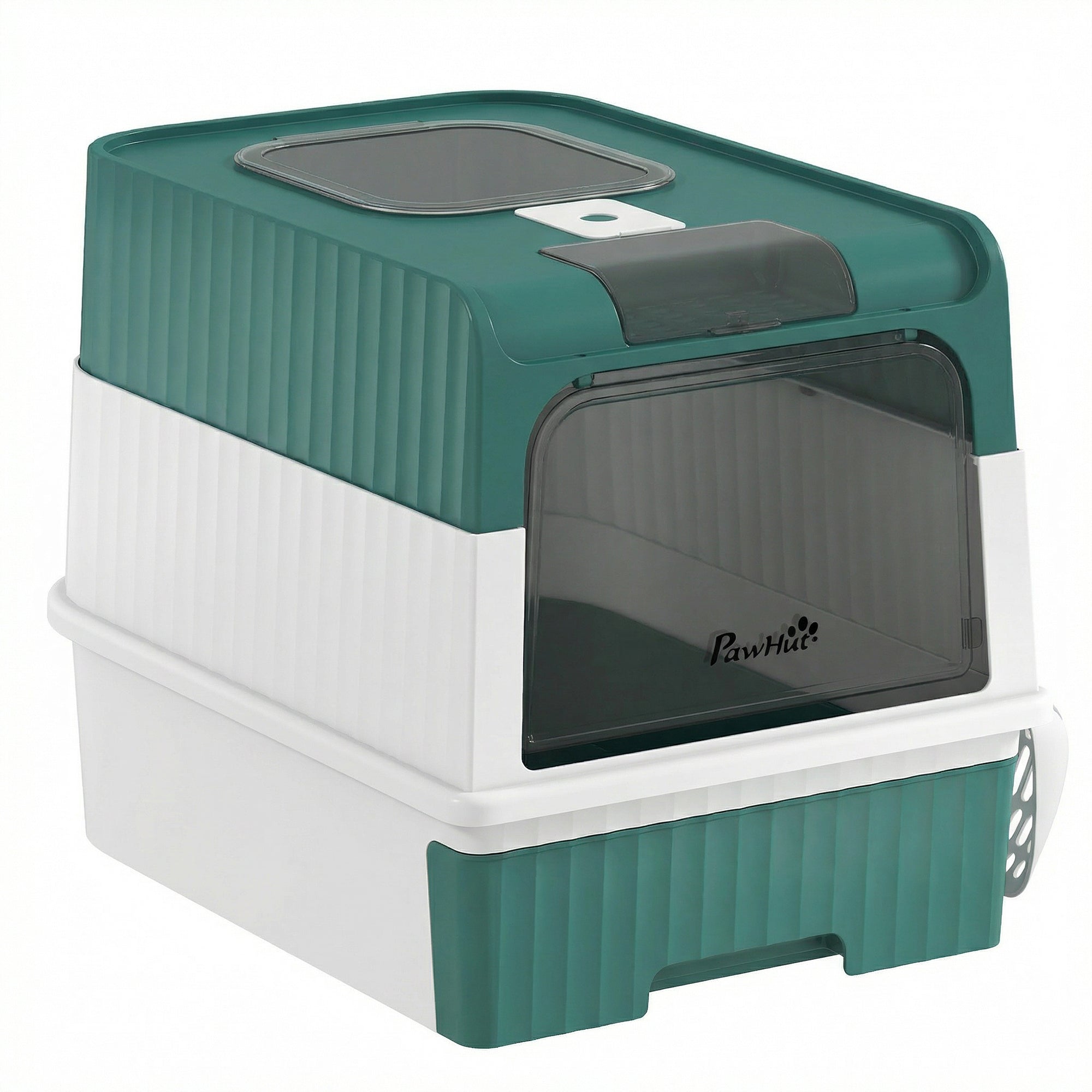 Cat Litter Box Hooded Cat Litter Tray with Drawer Pan Front Entry & Top Exit Easy Cleaning Teal