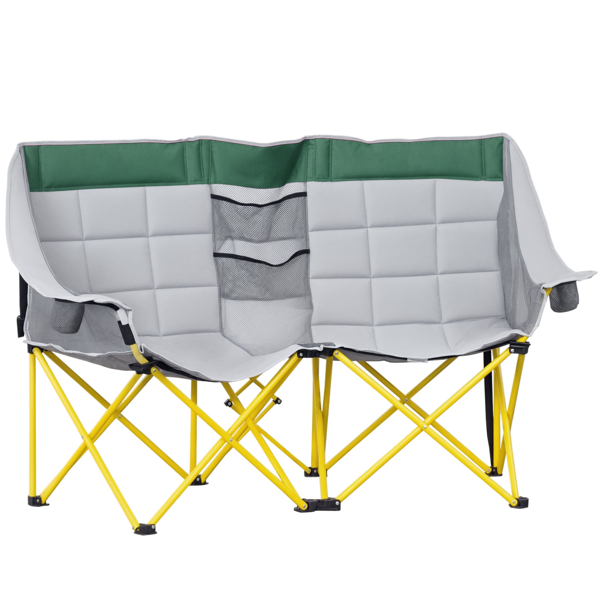 Loveseat Style Camping Chair, Oversized Folding Lawn Chair with Carry Bag & Cup Holders, for Outdoor, Green & Gray