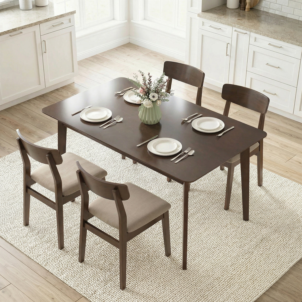 47.2" Rectangle Dining Table for 4, Mid-Century Modern Kitchen Table with Rubber Wood Frame for Dining Room, Mahogany