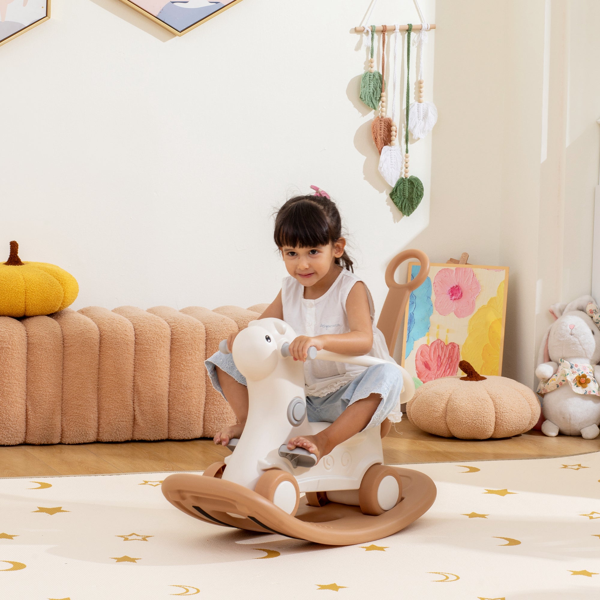 Rocking Horse for Toddlers 1-3 Years, 4-in-1 Baby Rocking Horse with Detachable Balance Board and Push Handle, Brown