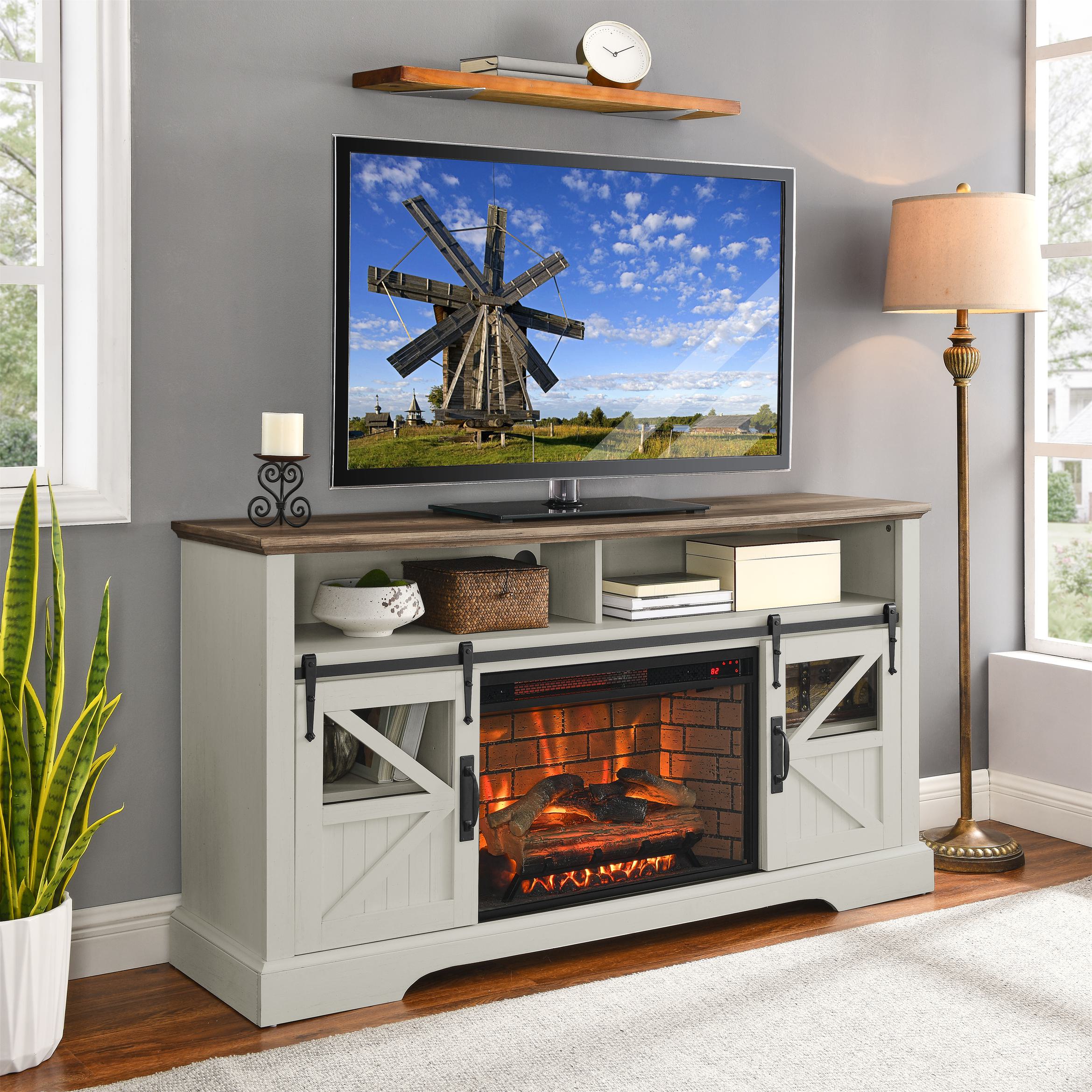 60" Electric Fireplace Entertainment Center with Door Sensor, Adjustable Flame Brightness, Remote Control, 60" L x 16" W x 32" H, White