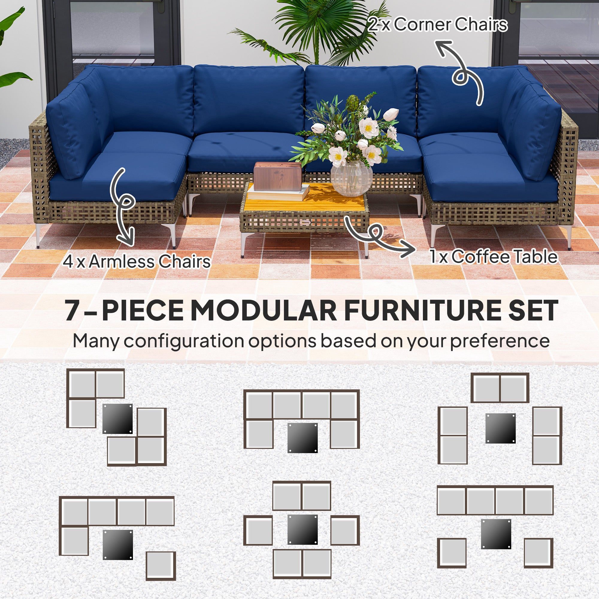 7 Piece Wicker Patio Furniture Set, Modular Outdoor Sectional with Thickened Cushions, Acacia Wood Table, Brown/Blue
