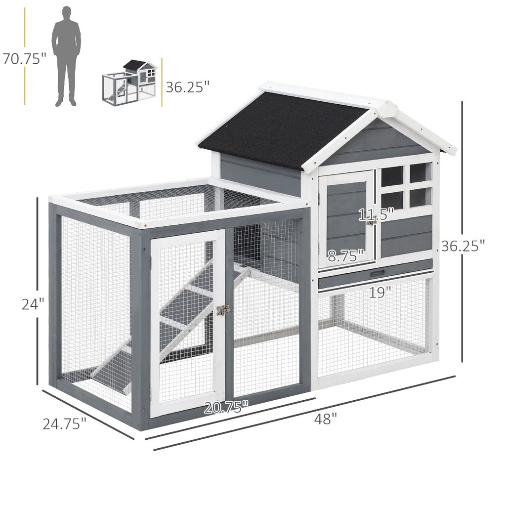 Indoor Rabbit Enclosure, 48" Weatherproof Wooden Rabbit Hutch, with Slanted Asphalt Roof & Fun Outdoor Run for Bunnies & Ferrets - Gray