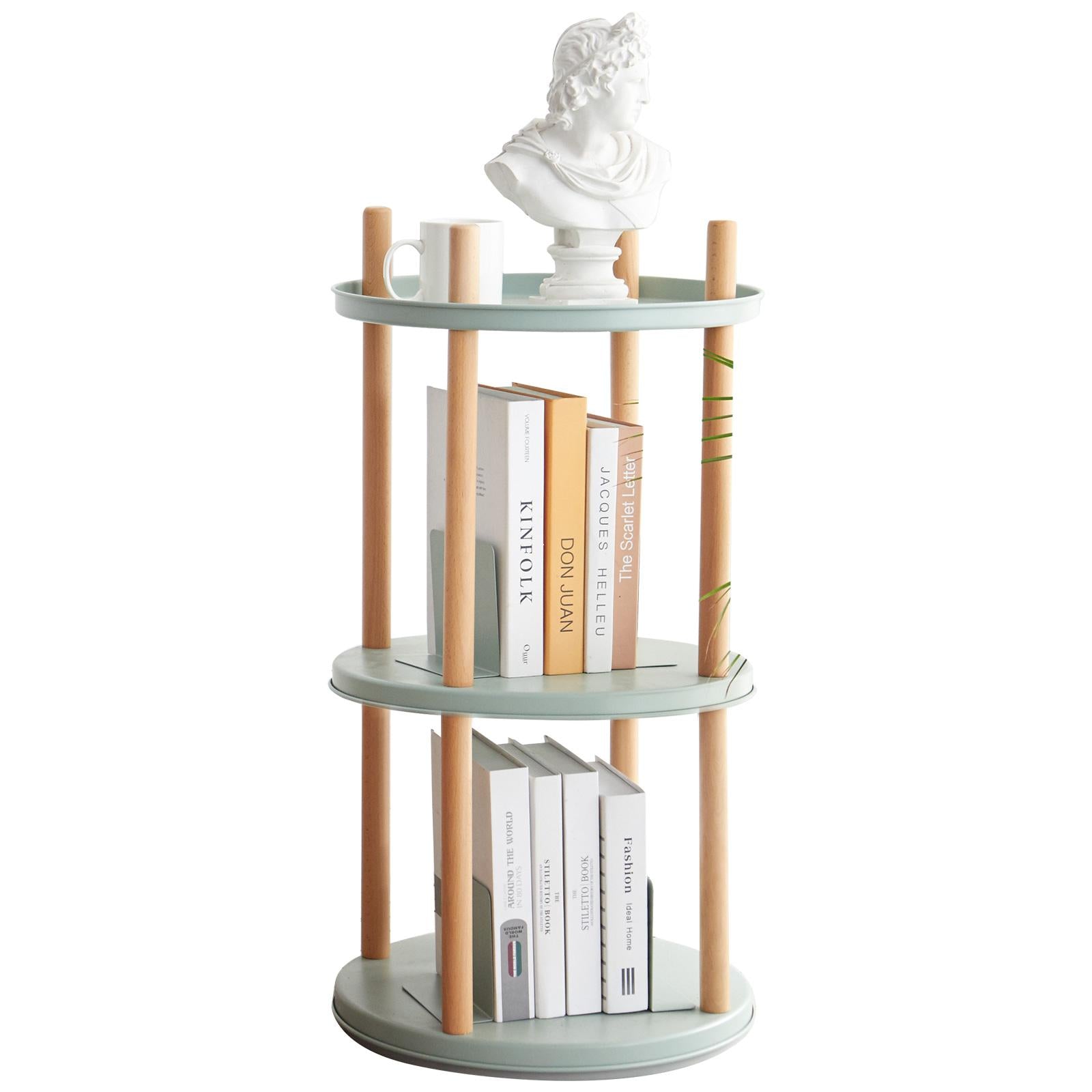 3-Tier Rotating Bookcase with Solid Beech Support Rod, Space-Saving Bookshelf with 6 Bookends, 16.5″ L x 16.5″ W x 33″ H, Blue