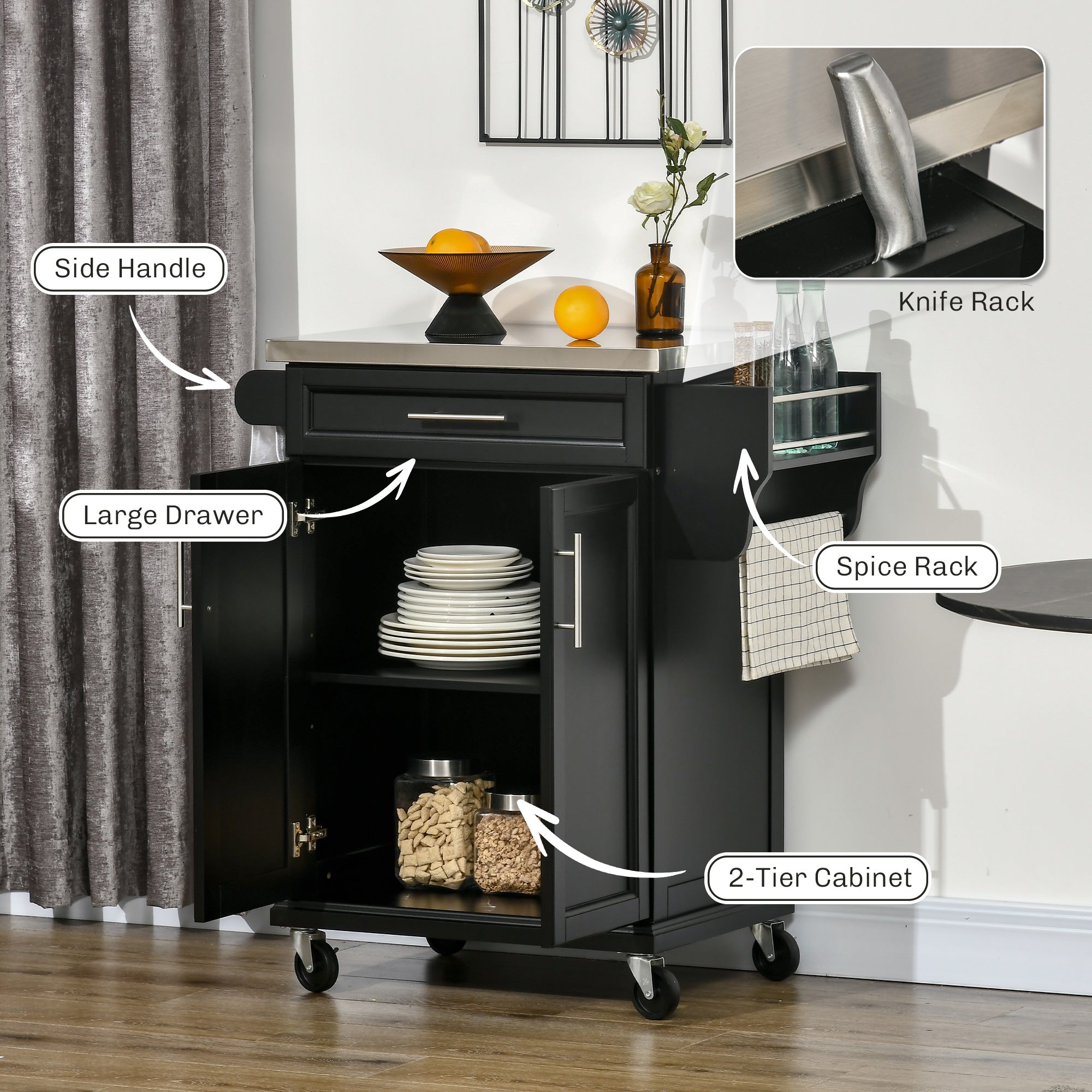 Kitchen Island on Wheels, Rolling Kitchen Cart with Stainless Steel Countertop, Drawer, Towel Rack and Spice Rack, Utility Storage Trolley, Black