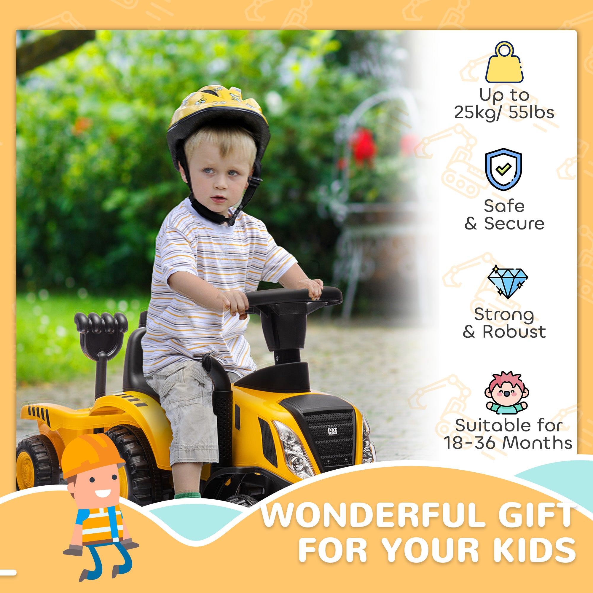 Caterpillar Licensed Ride-On Construction Toy with Shovel & Trailer, No Power Ride-on Tractor for 18-36 Months
