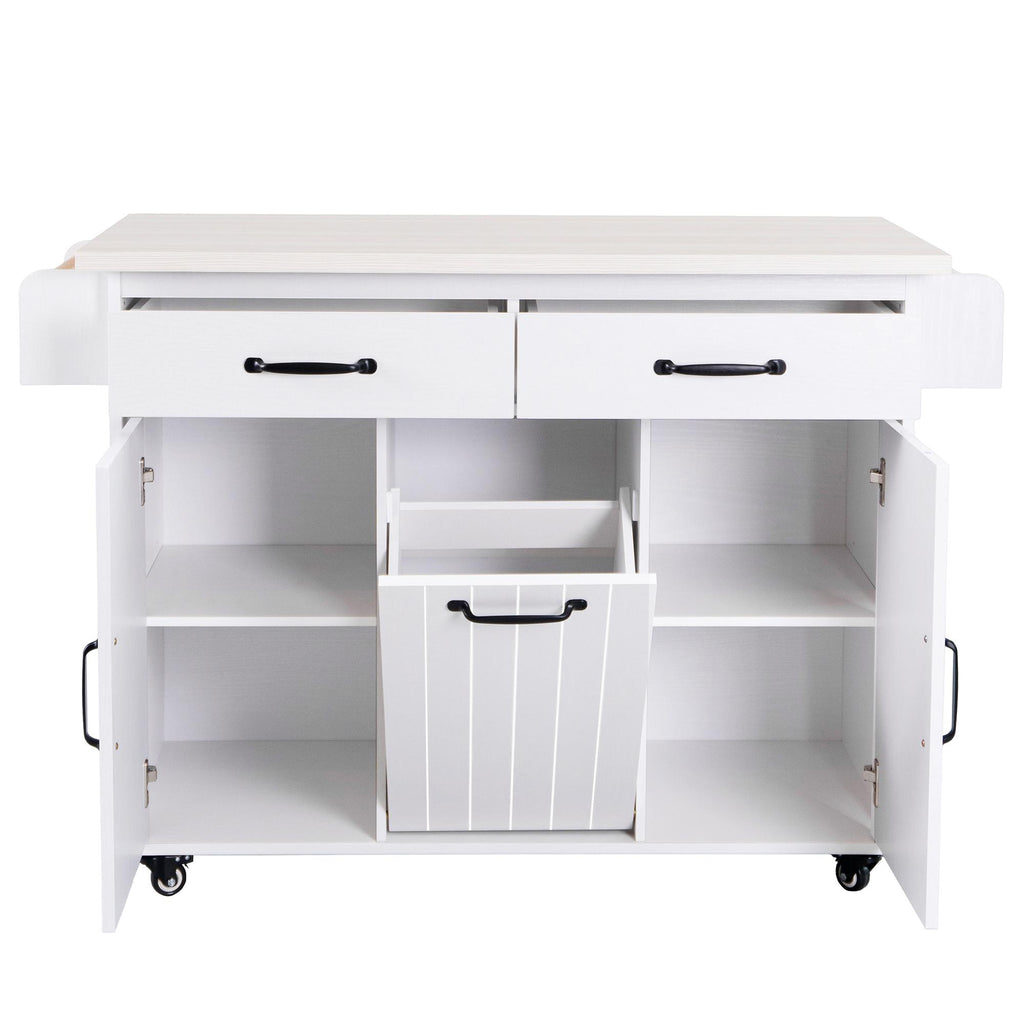 Kitchen Island with Trash Can Storage, Drop Leaf, Spice and Towel Rack, Adjustable Shelf, Utility Cart on Wheels, 51" L x 31.5" W x 35" H, White