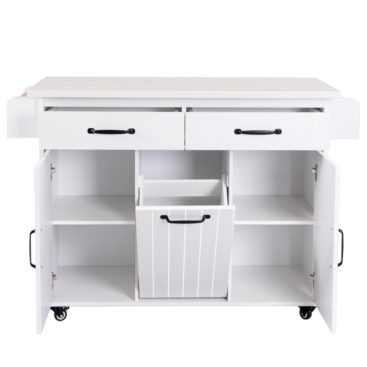 Kitchen Island with Trash Can Storage, Drop Leaf, Spice and Towel Rack, Adjustable Shelf, Utility Cart on Wheels, 51" L x 31.5" W x 35" H, White