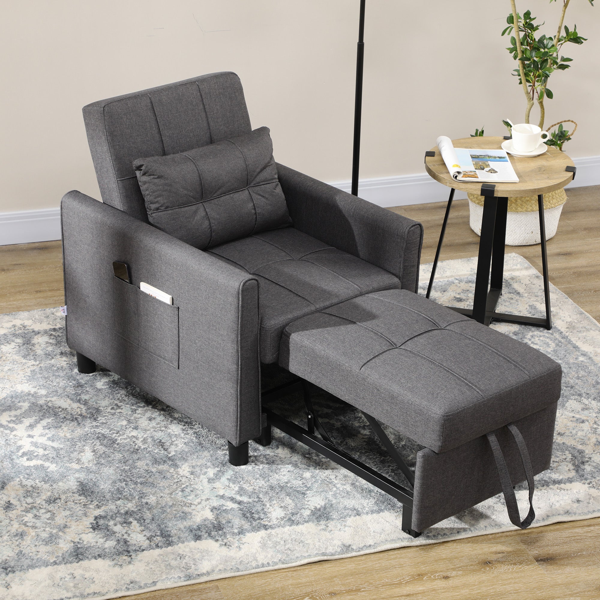 3-in-1 Convertible Chair Bed, Multi-Functional Single Sofa Bed, Pull Out Sleeper Chair with Adjustable Backrest, Pillow, and Pockets, Gray