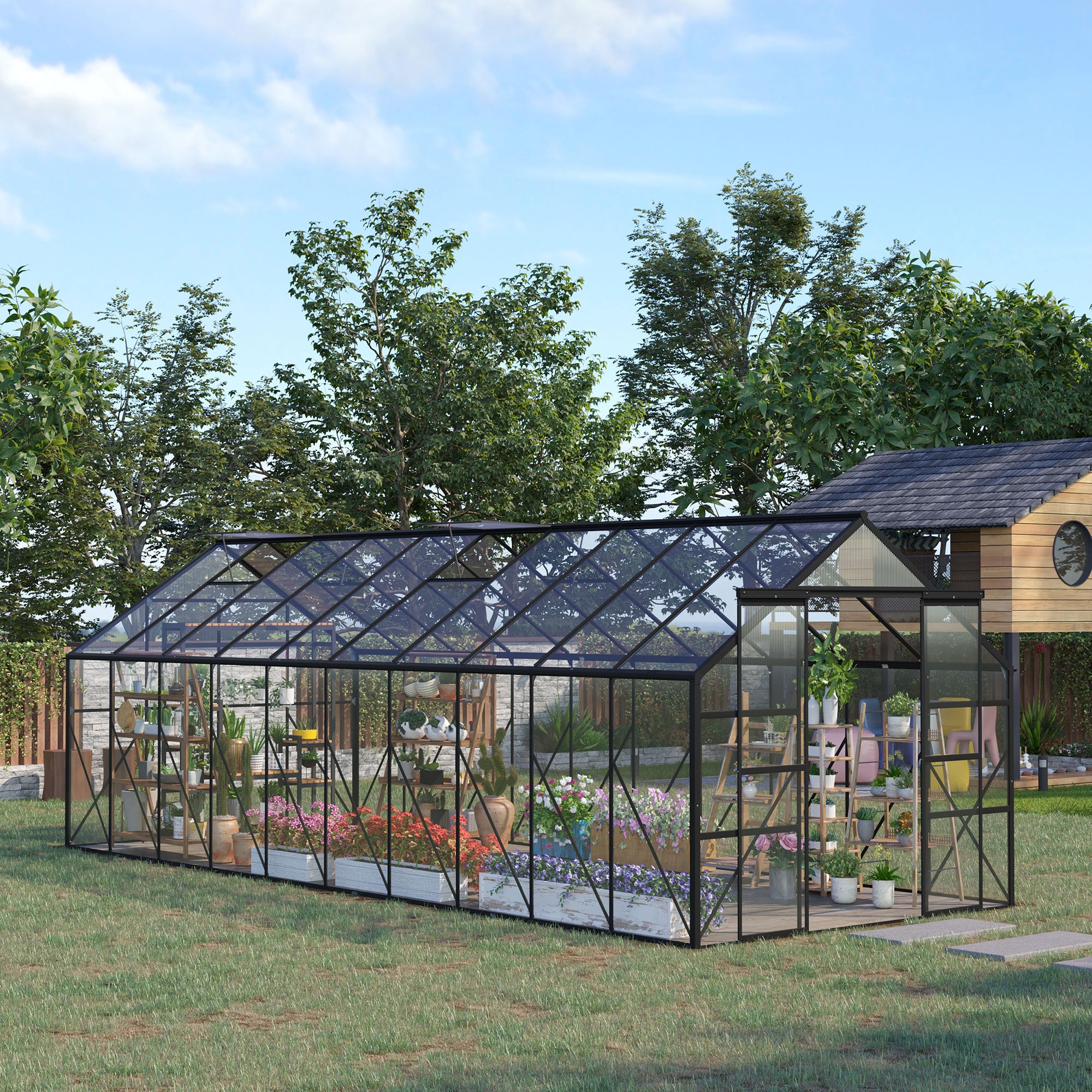 20' x 8' Aluminum Greenhouse Polycarbonate Walk-in Garden Greenhouse Kit with Adjustable Roof Vent, Rain Gutter and Sliding Door for Winter, Clear