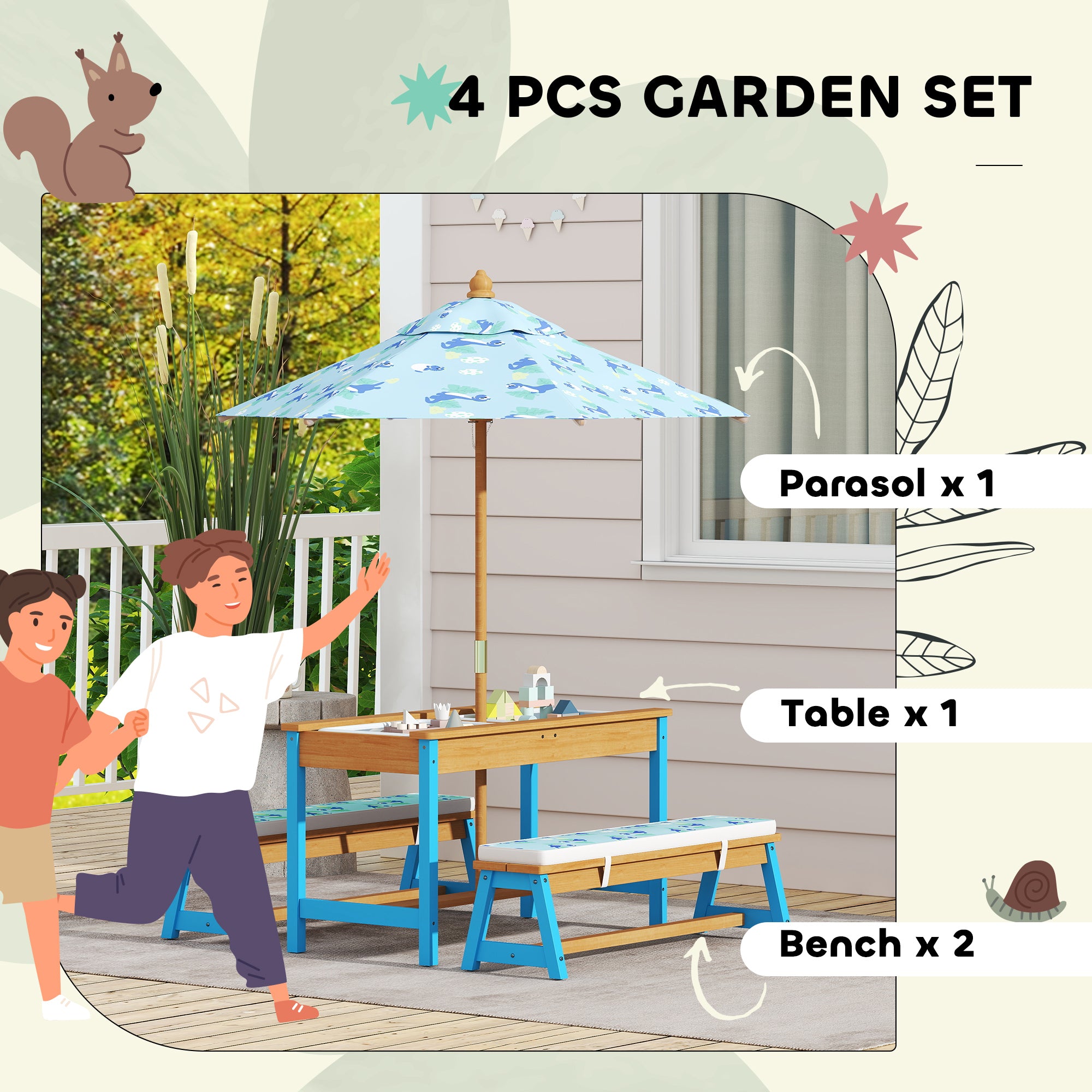 Kids Picnic Table Set with Foldable Umbrella, Removable Cushions & Boxes, Dinosaur Theme, Blue