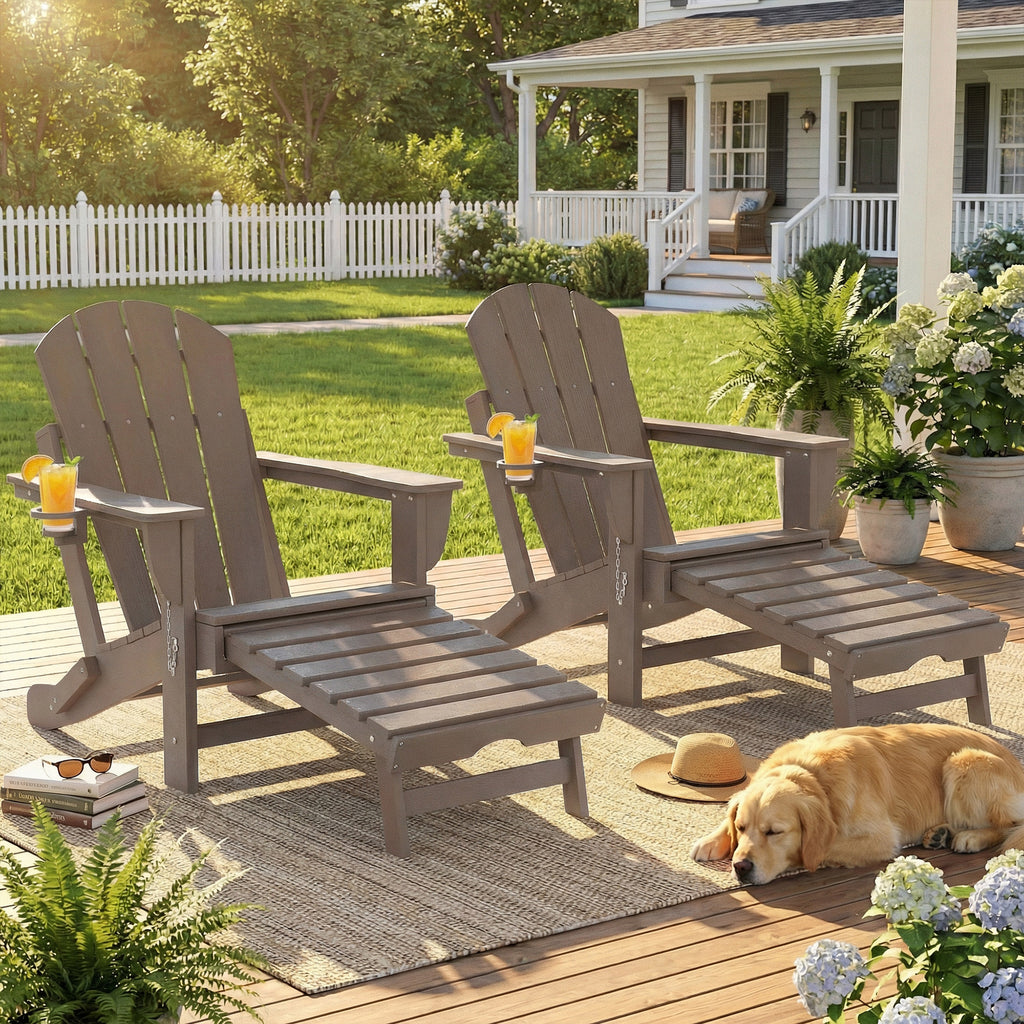 Folding Adirondack Chair Set of 2, HDPE Fire Pit Chair with Retractable Ottoman and Cup Holder, Brown