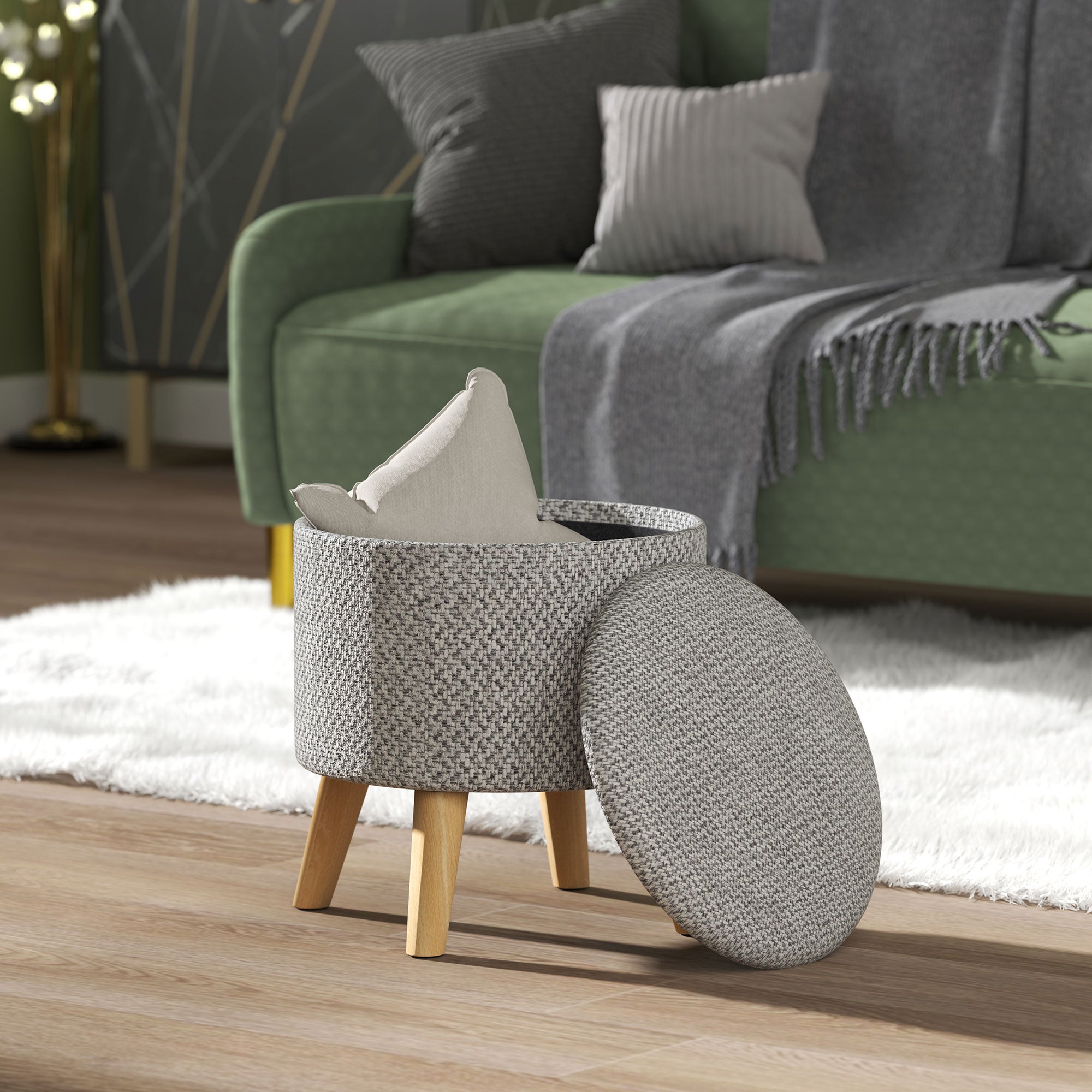 Round Ottoman Stool with Storage, Linen Upholstered Foot Stool with Padded Seat, Hidden Space and Wood Legs, Light Gray