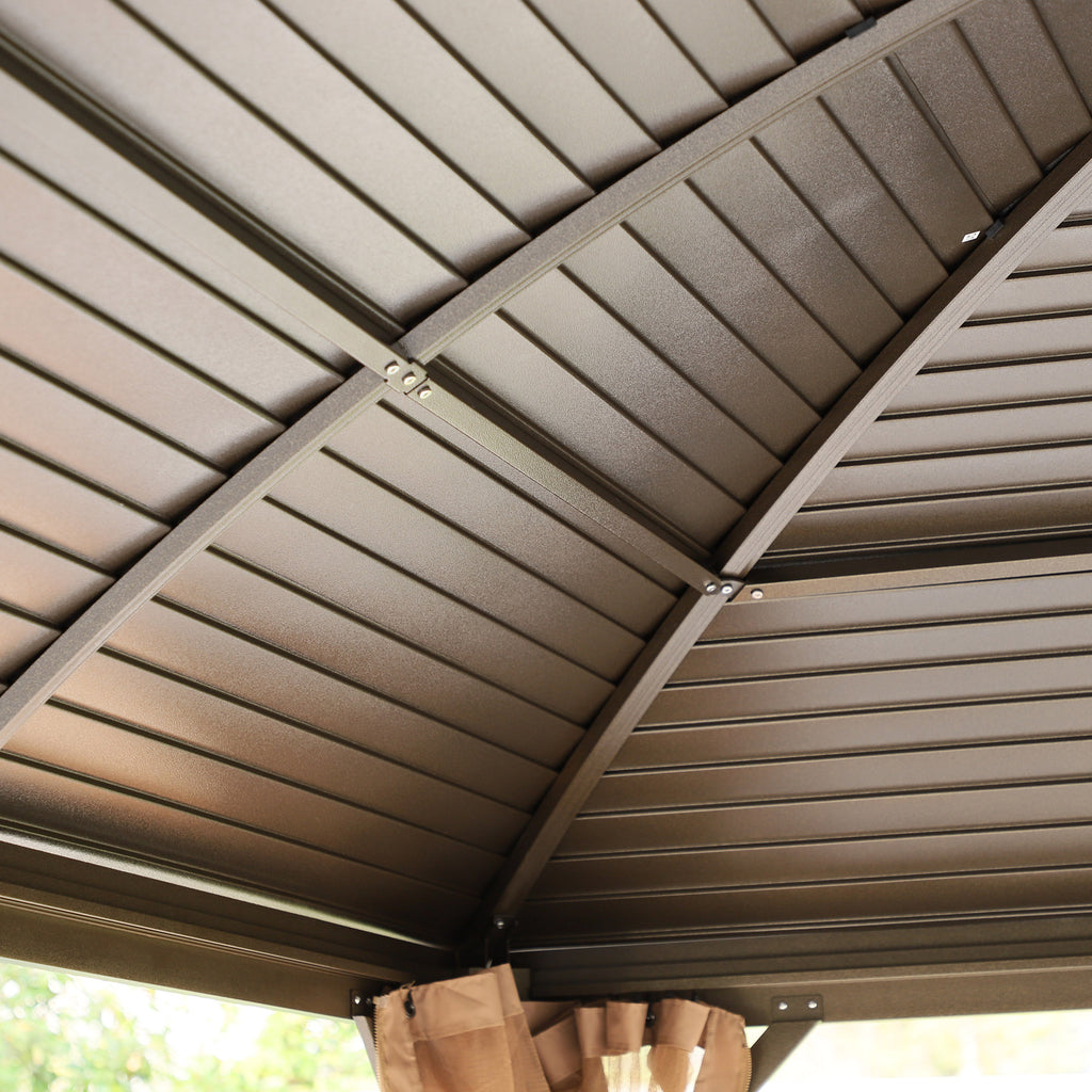 10' x 13' Hardtop Gazebo with Curtains, Netting, Pavilion with Steel Roof Ceiling Hook for Garden Patio, Brown