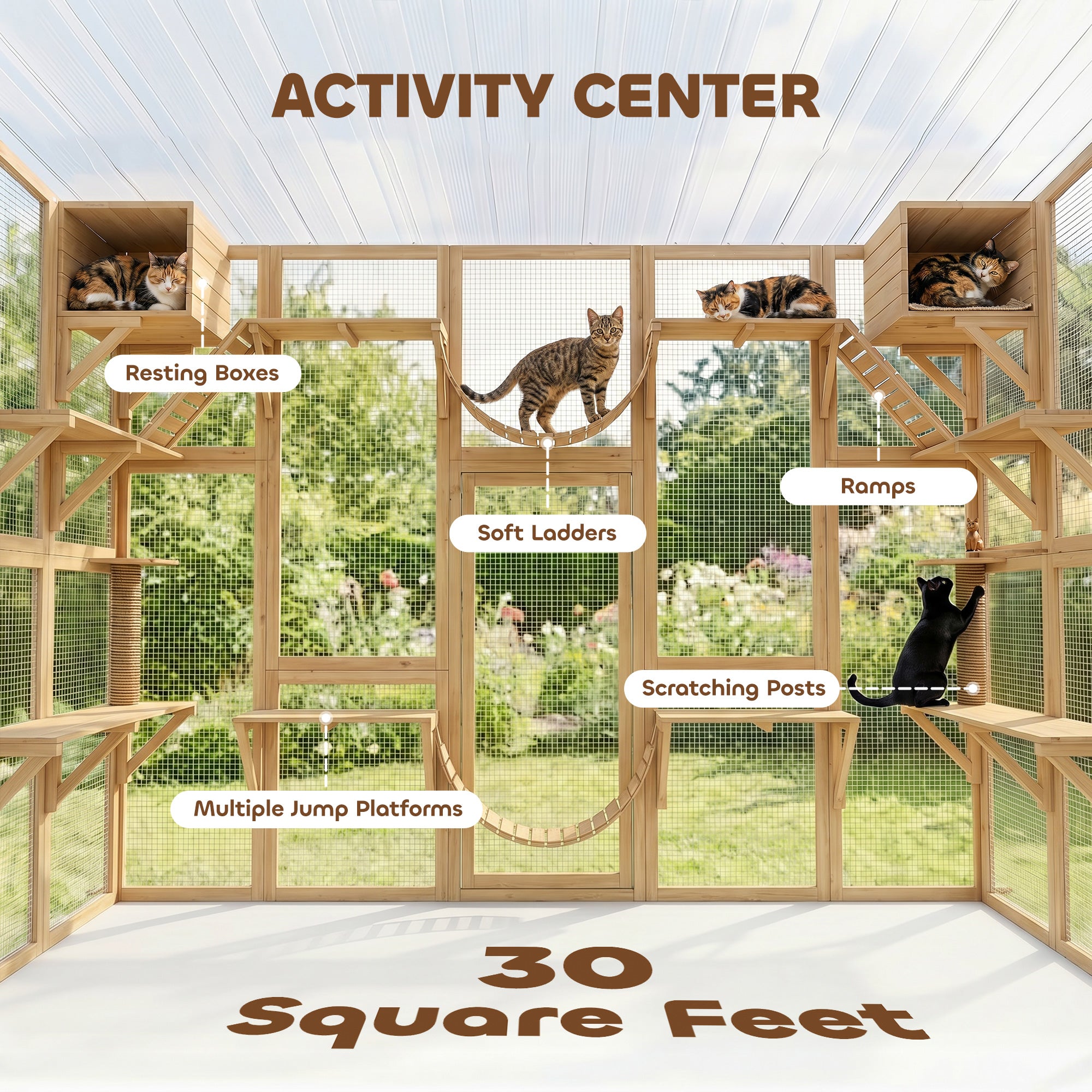 Catio Playground Cat Window Box Outside Enclosure for Multiple Cats w/ Shelves & Bridges, Yellow