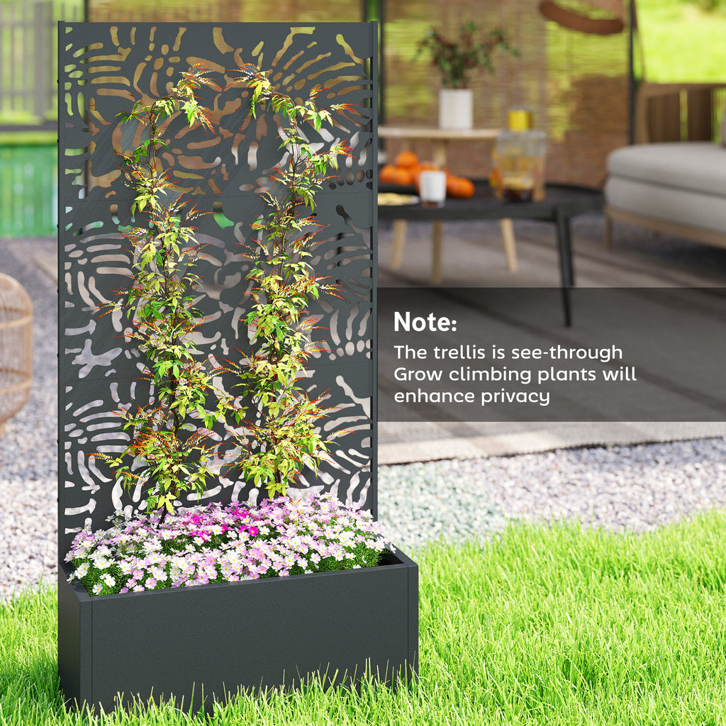 Metal Planter Box with Trellis, 71" Tall Raised Garden Bed with Privacy Screen and Drainage Holes, Banana-Leaf Cut-Outs