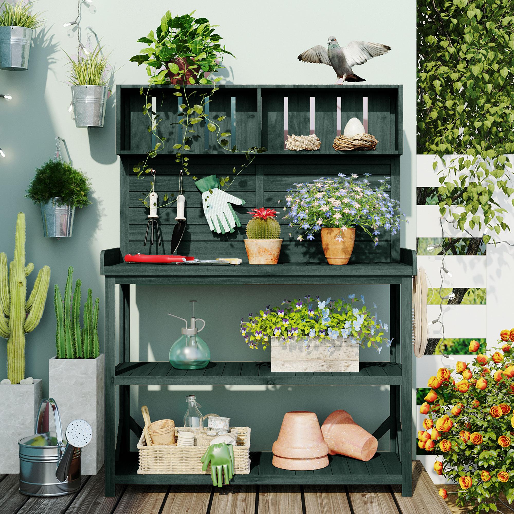 Outdoor Potting Bench with 4 Shelf & Side Hook for Patio, Farmhouse Garden Workstation with Large Tabletop, 47'' L x 19.5'' W x 65'' H, Green
