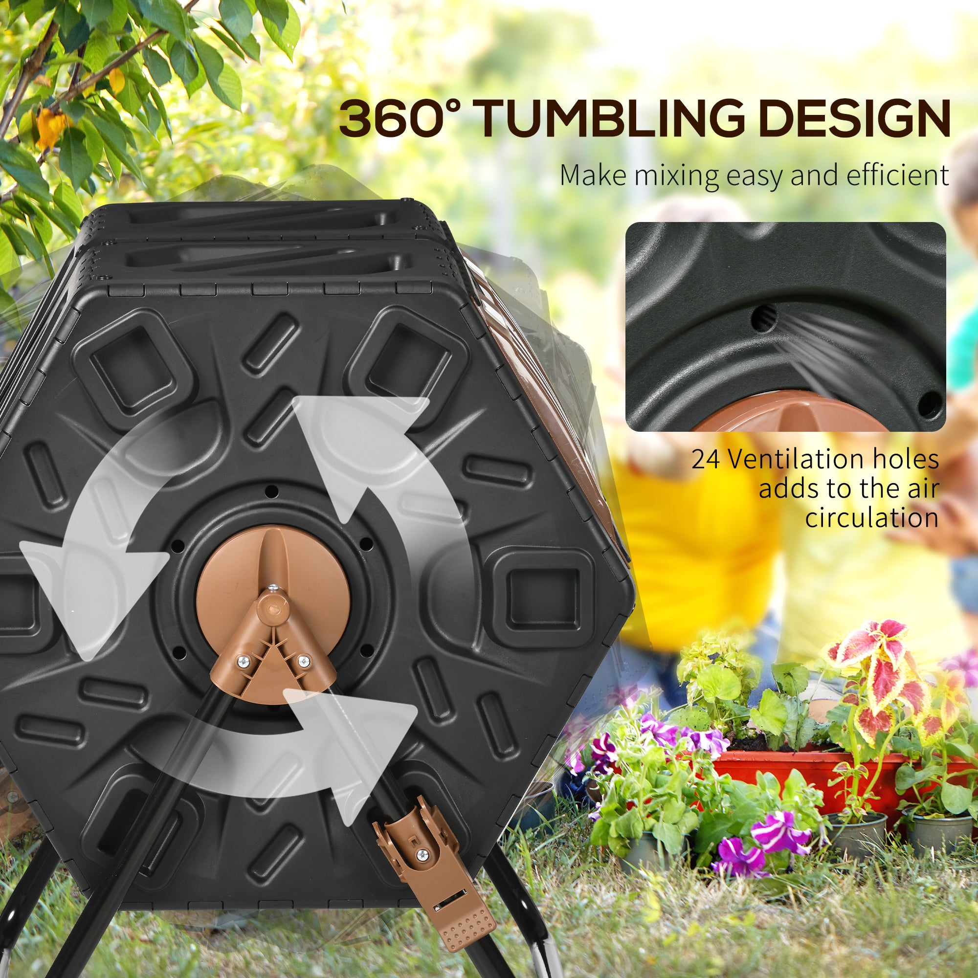 Dual Chamber Compost Tumbler Bin, Outdoor Tumbling Composter with 24 Ventilation Openings and Steel Legs, 34.5 Gallon