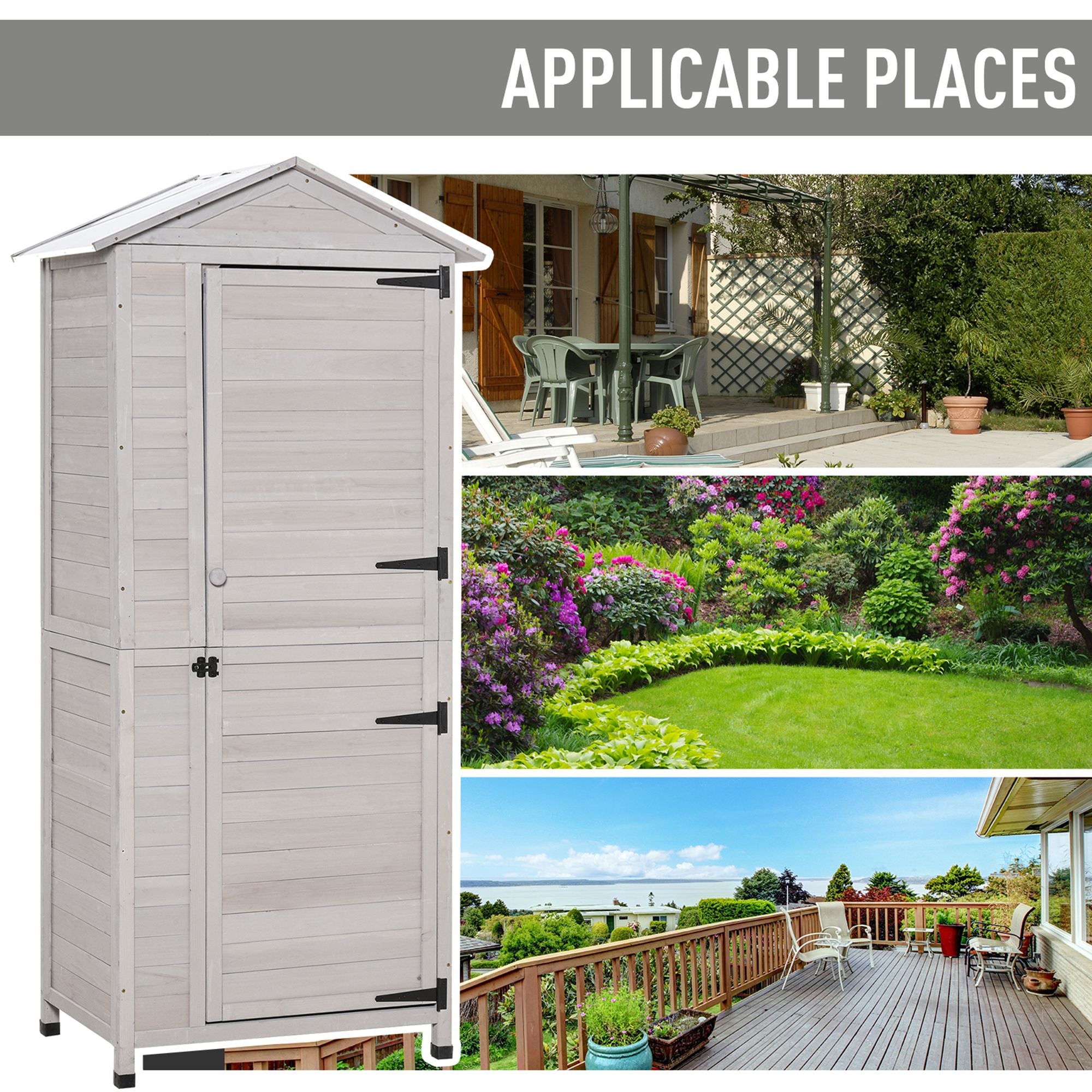 Wooden Garden Cabinet 4-Tier Storage Shed Lockable Organizer w/ Foot Pad Handle