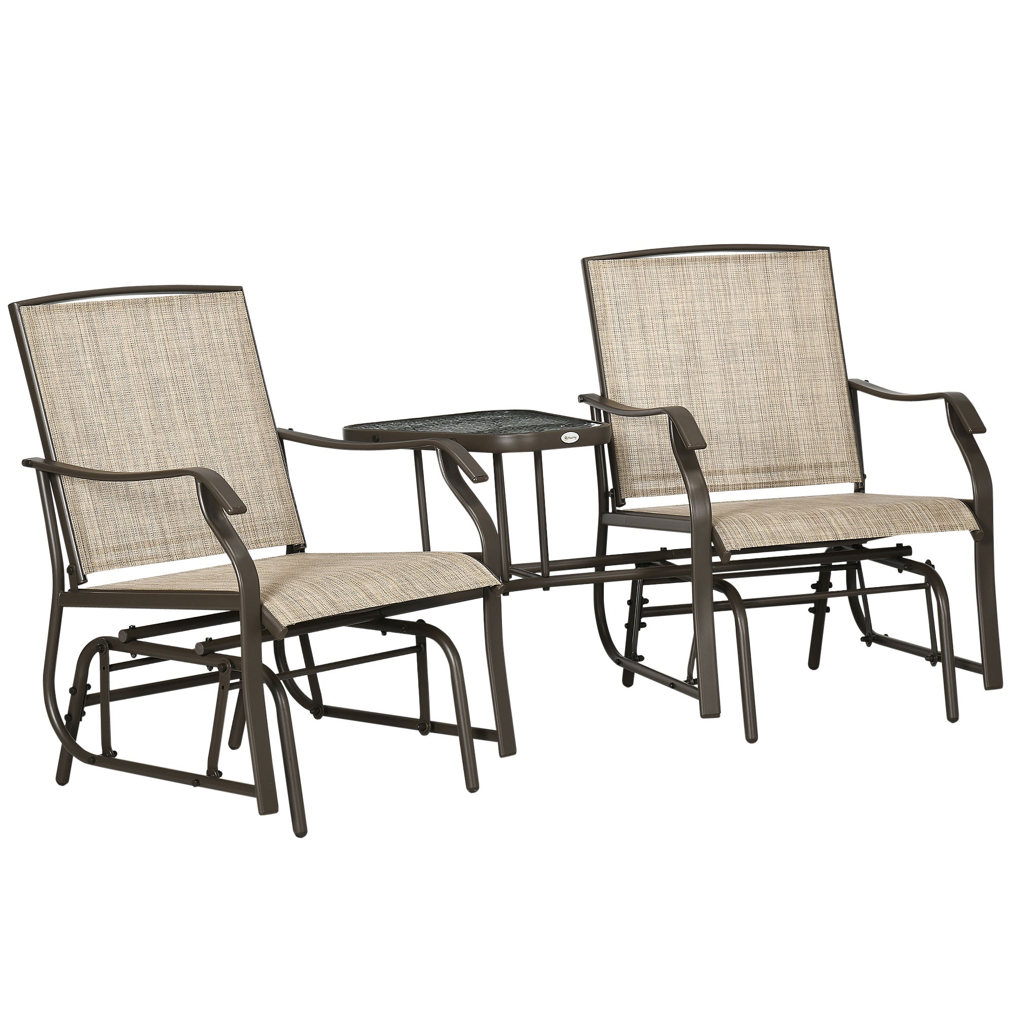 Outdoor Glider Chairs with Coffee Table, Patio 2-Seat Rocking Chair Swing Loveseat with Breathable Sling for Backyard, Garden, and Porch, Light Brown