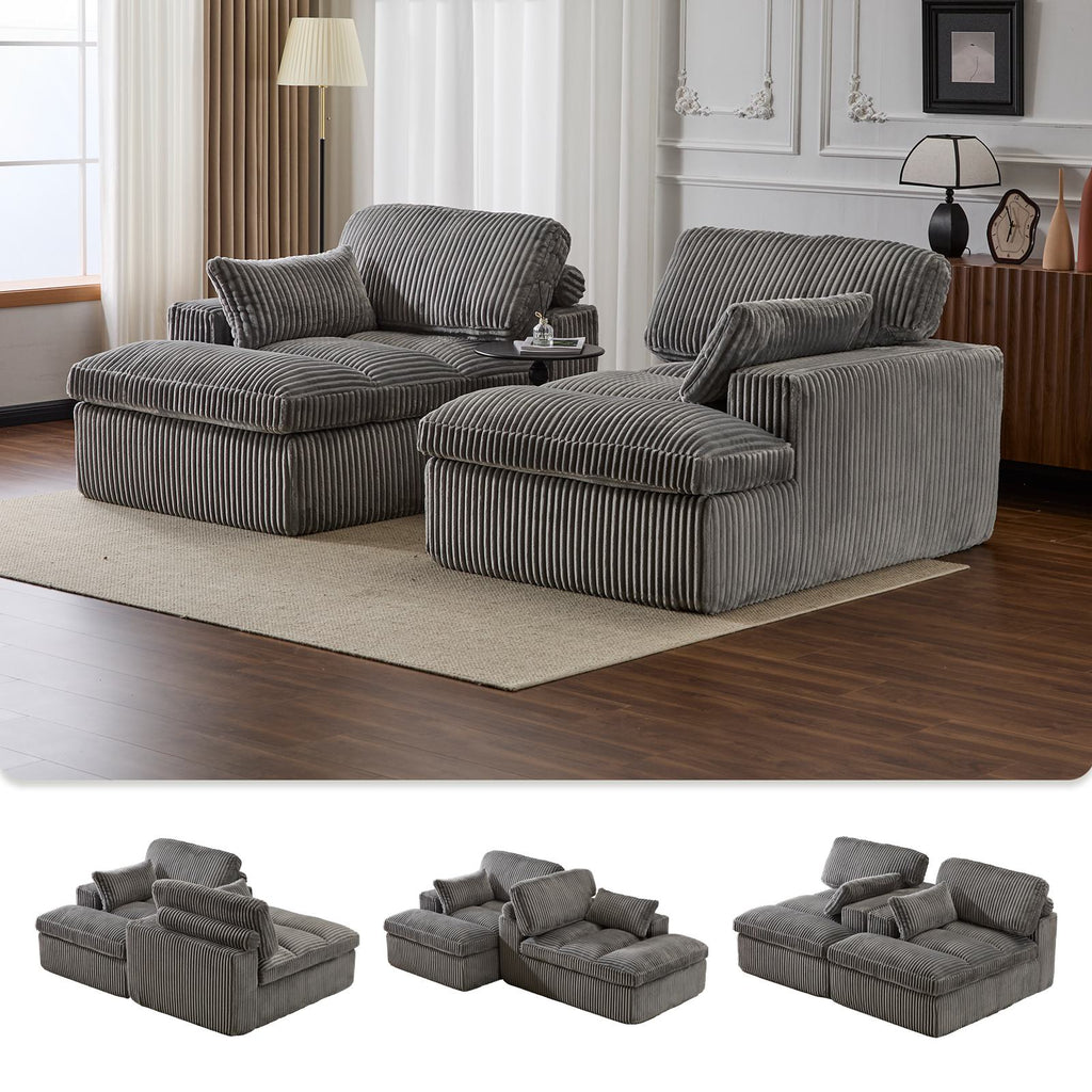 Deep Seat Sofa Double Chaise Lounge Chair with Corduroy Fabric, Compressed Sofa Sectional Loveseat for Apartments, 82.5'' L x 57'' W x 23.5'' H, Grey