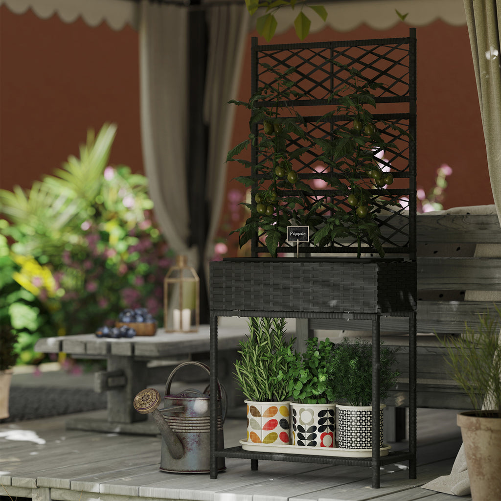Outdoor Wicker Planter with Trellis for Climbing Plants, Freestanding Rattan Garden Box with Storage Shelf, Black
