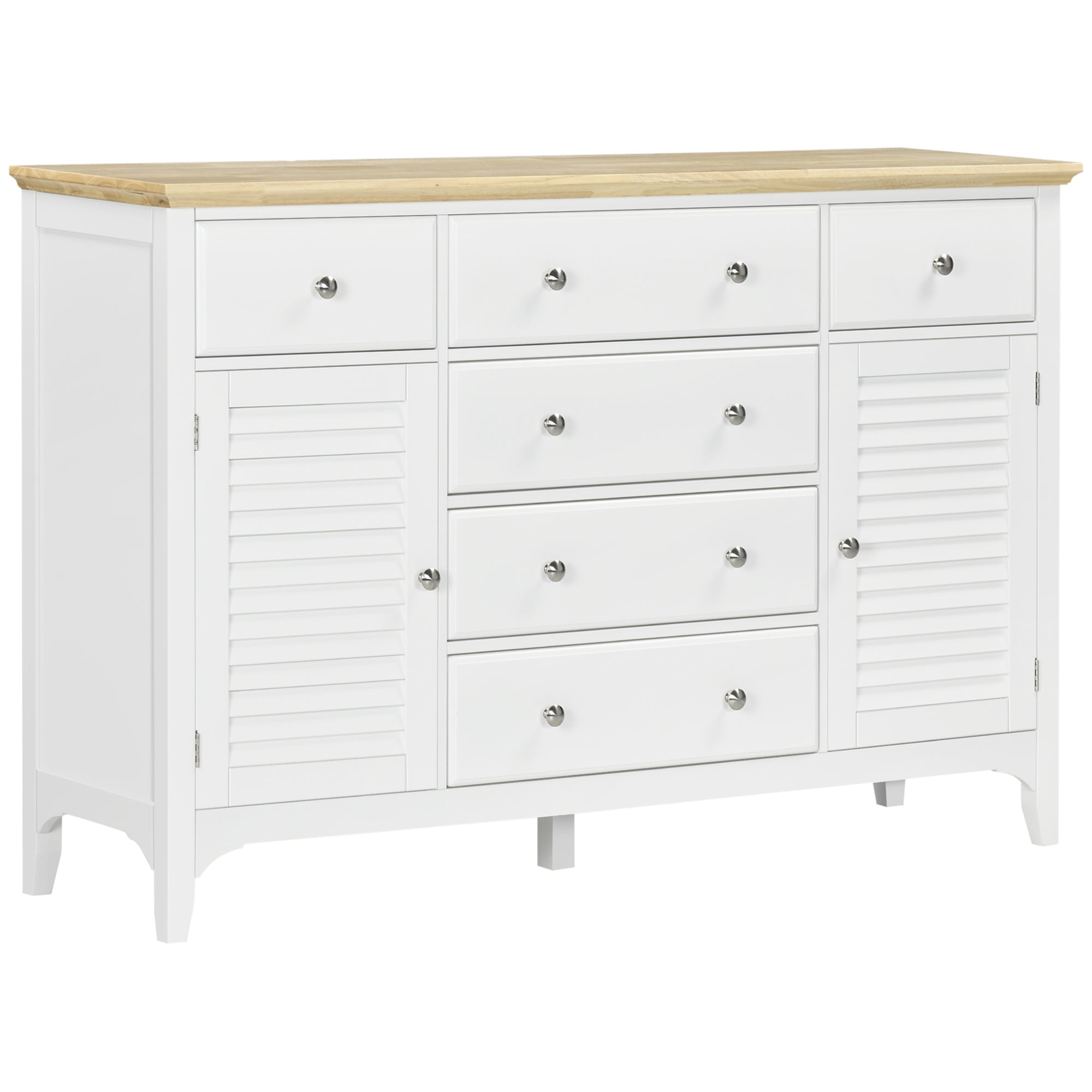 Sideboard Buffet Cabinet with Storage Drawers, Rubber Wood Top and Adjustable Shelves, Coffee Bar Cabinet, White