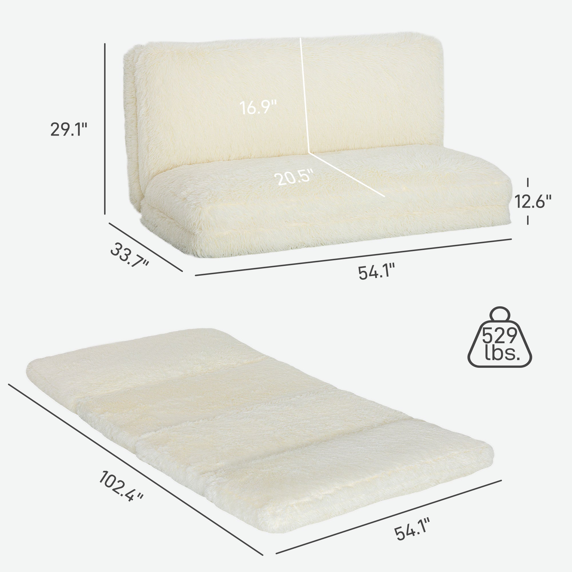 Bean Bag Floor Sofa Bed, Contemporary Plush Wide Folding Floor Mattress, Foam Filling Wall Couch Sleeper, Cream White