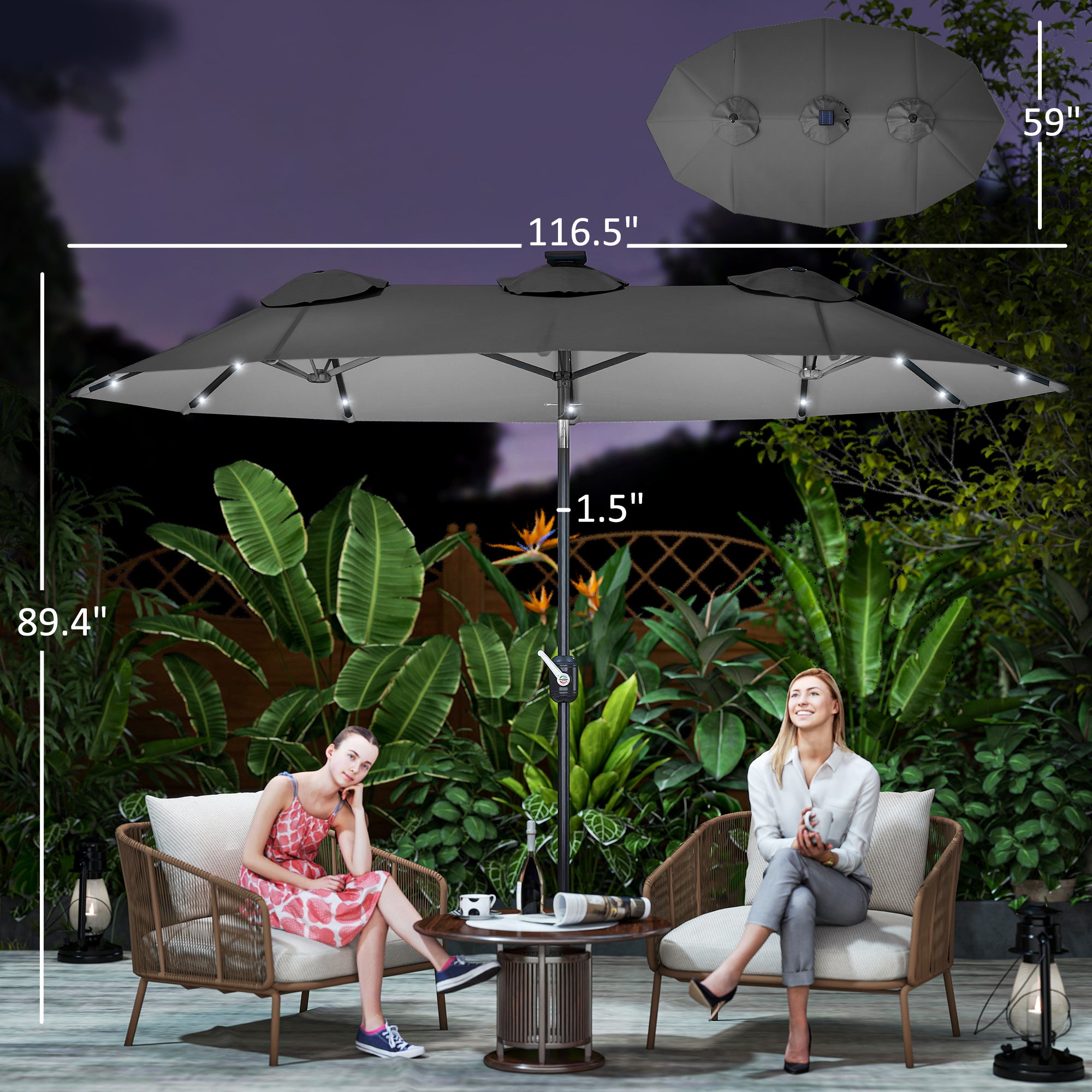 Double-sided Patio Umbrella, 9.7' Outdoor Umbrella with Tilt and Crank, LED Solar Light and 12 Ribs, Gray