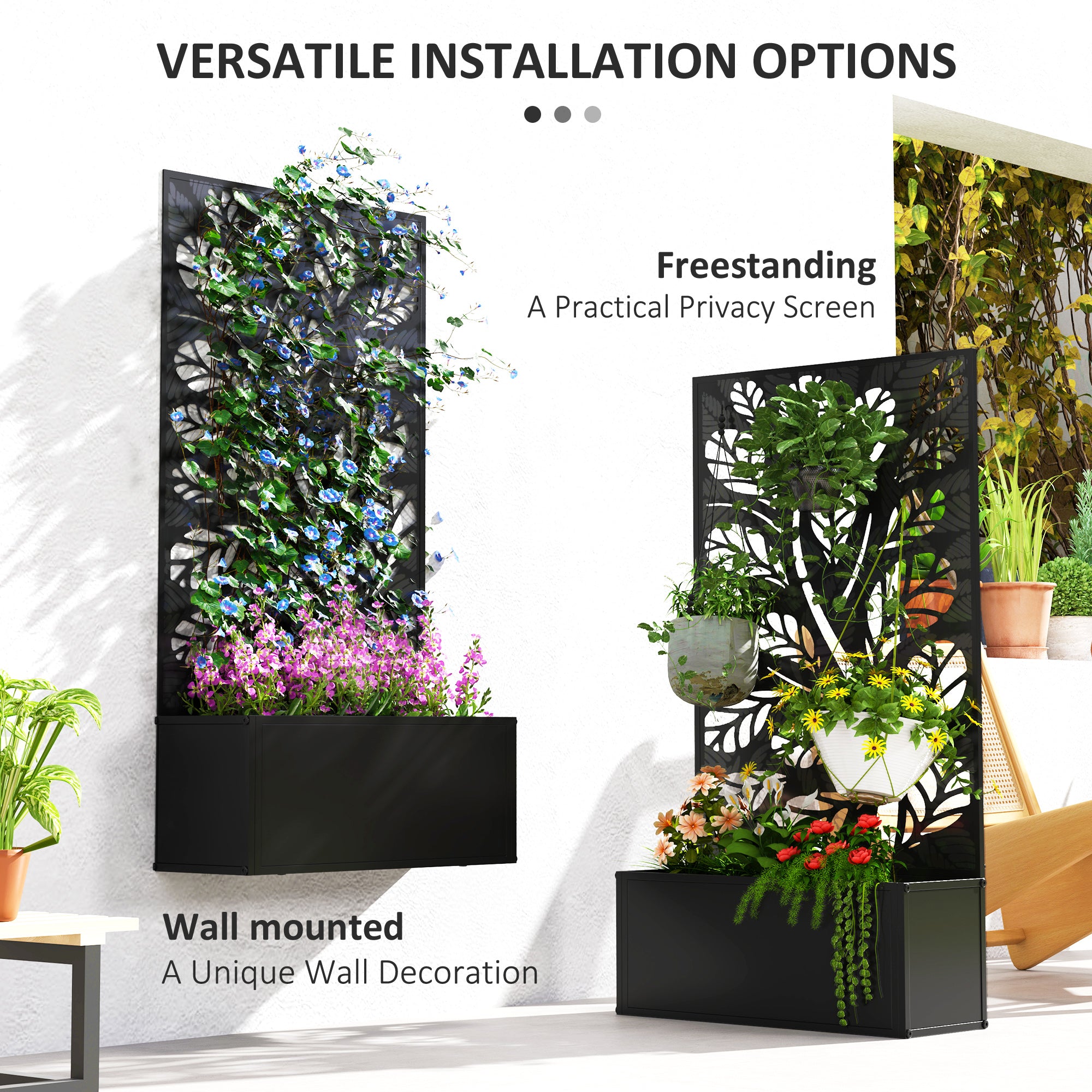 Metal Garden Bed with Trellis for Climbing Plants, Freestanding or Wall Mounted Flower Bed for Garden, Patio, Balcony