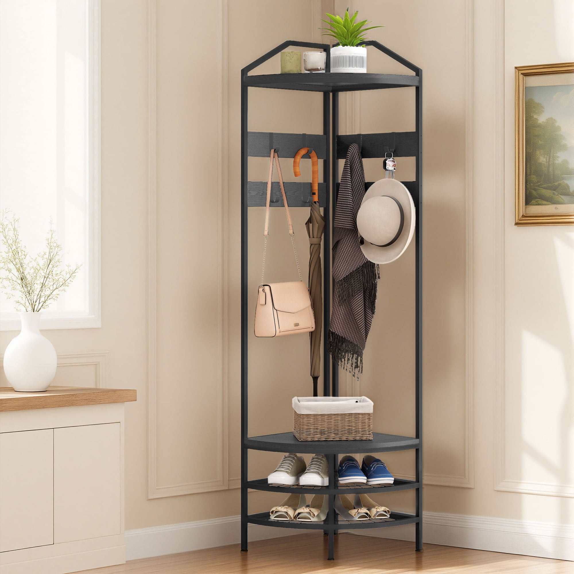 Corner Hall Tree, Industrial 4-Tier Coat Rack with Shoe Storage, 8 Movable Hooks and 2 Shelves for Hallway, Black