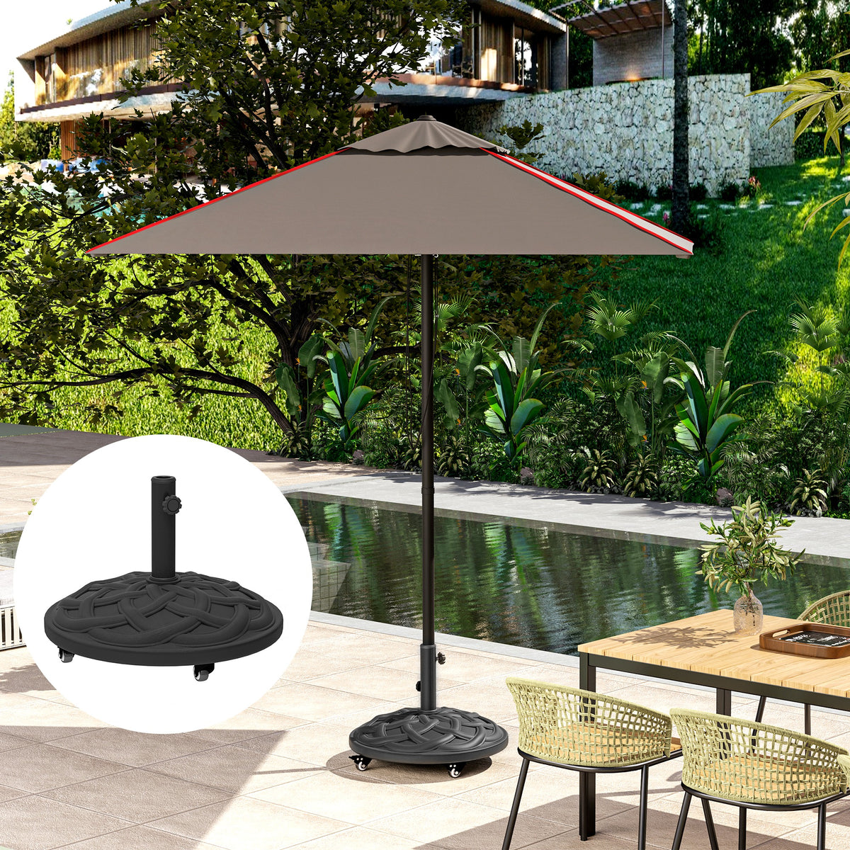 Round Patio Umbrella Base with Wheels, 44 lbs Resin Umbrella Stand Base, Heavy Duty Patio Umbrella Holder for 1.3"/1.5"/1.9" Umbrella Poles for Outdoor, Lawn, Poolside, Black