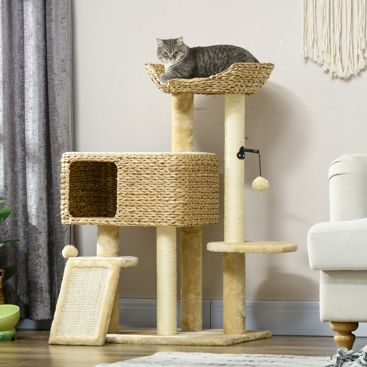 Cat Tree for Indoor Cats w/ Scratching Posts, Condo Cat Tower, Beige